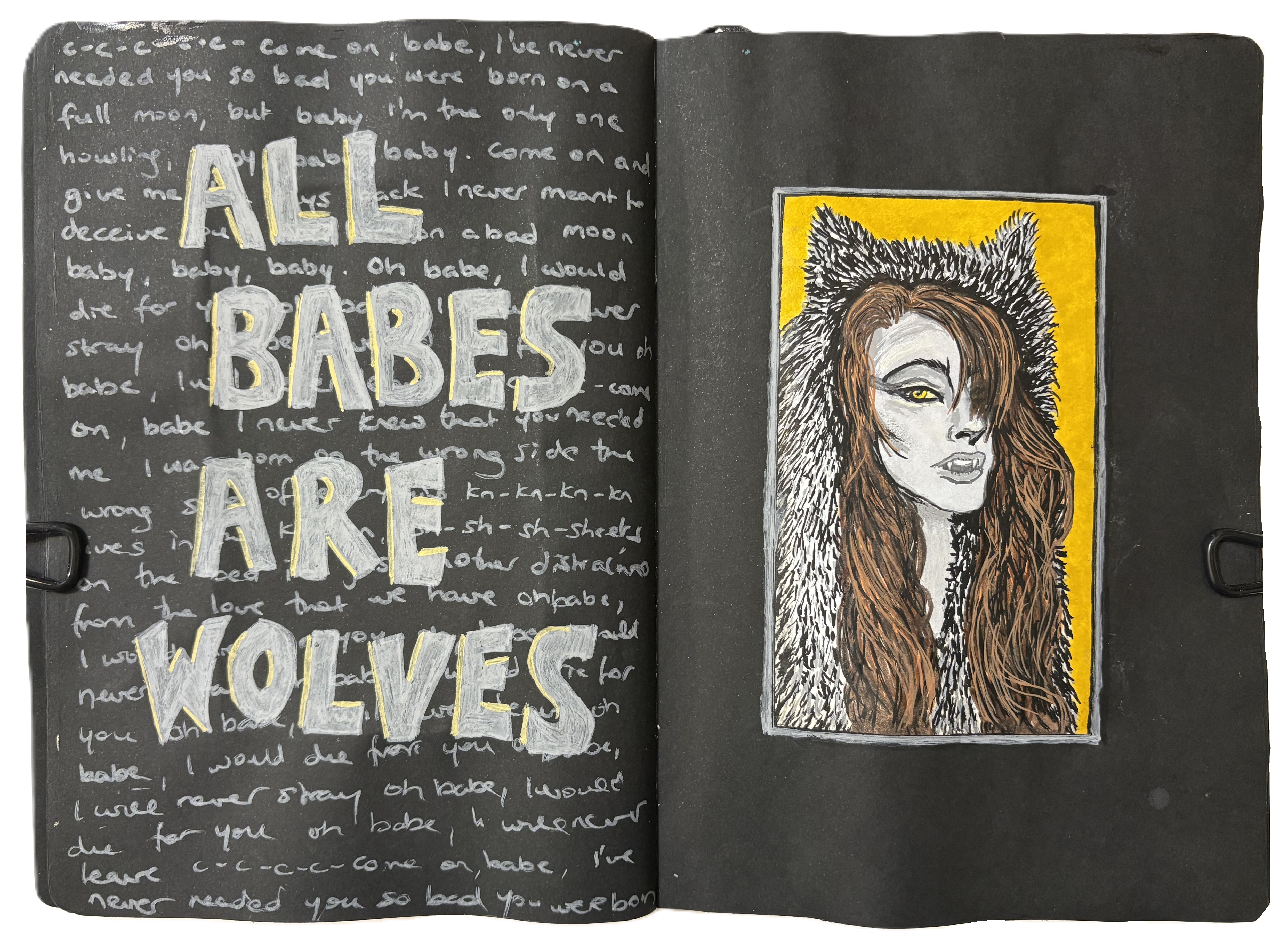 A mixed media art journal page with an illustrated portrait of a wolf-woman on an index card for the Index Card a Day Challenge and lyrics to All Babes are Wolves by Spinnerette. Drawing reference from Sktchy.