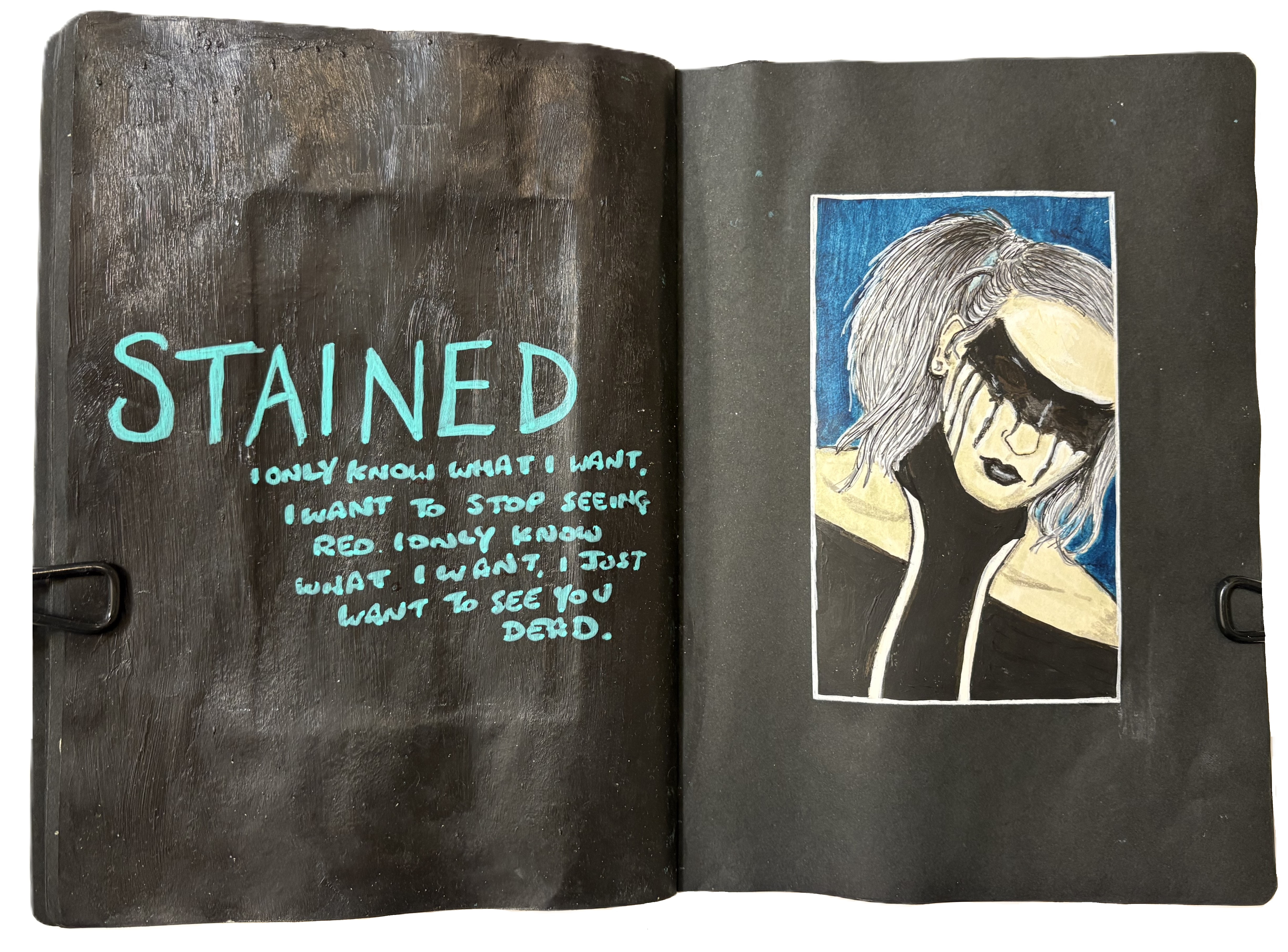 A mixed media art journal page with an illustrated portrait of a woman in dark makeup on an index card for the Index Card a Day Challenge and lyrics to Stained by Android Lust. Drawing reference from Sktchy.