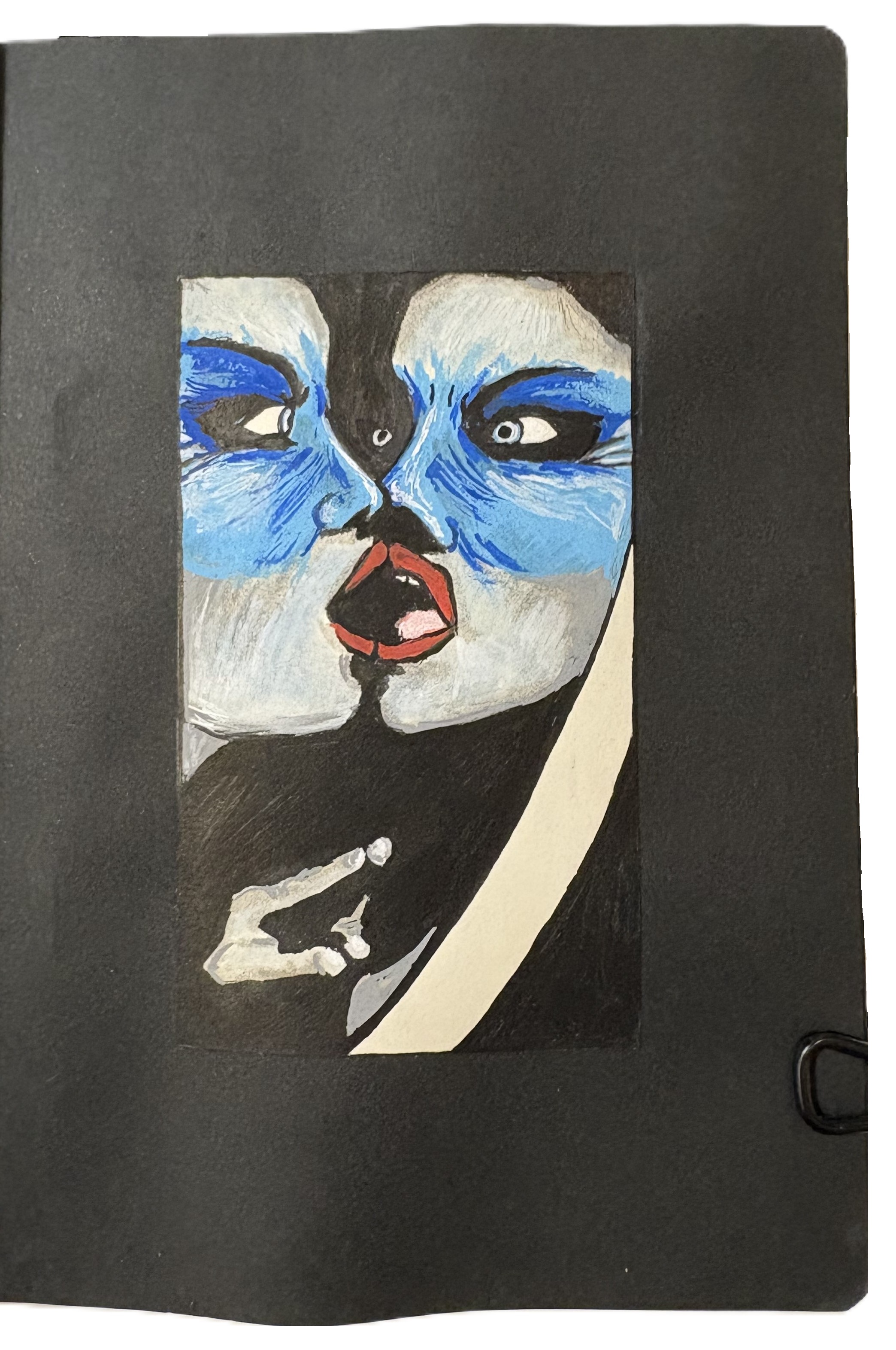 A mixed media art journal page with an illustrated portrait of a woman in blue face paint looking at herself in a mirror and pointing. This was drawn to represent a song by the band SubRosa. Drawing reference from Sktchy.