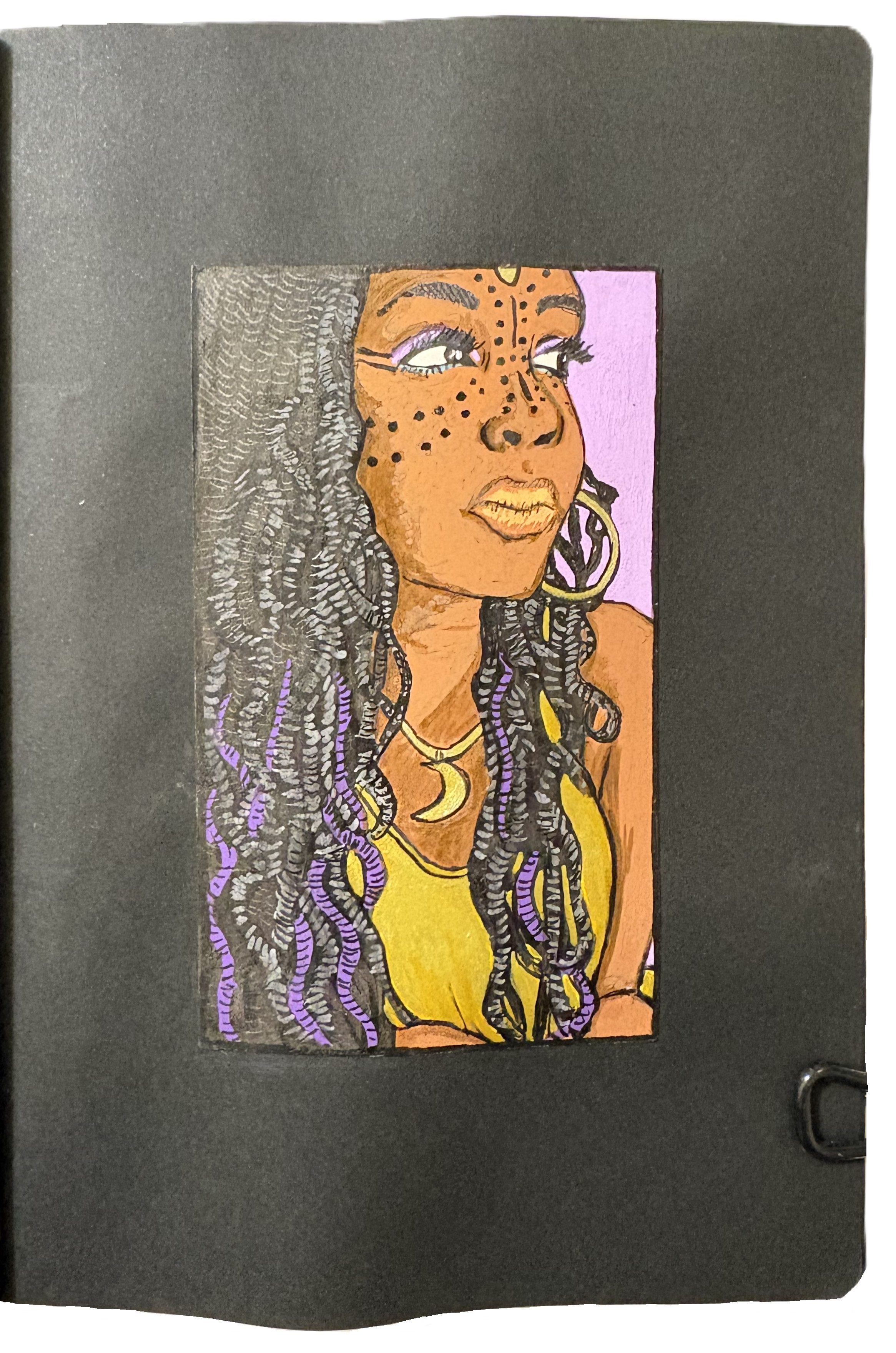 A mixed media art journal page with an illustrated portrait of a woman with face paint and black/purple locs looking to the right. This was drawn to represent a song by the band Vodun. Drawing reference from Sktchy.