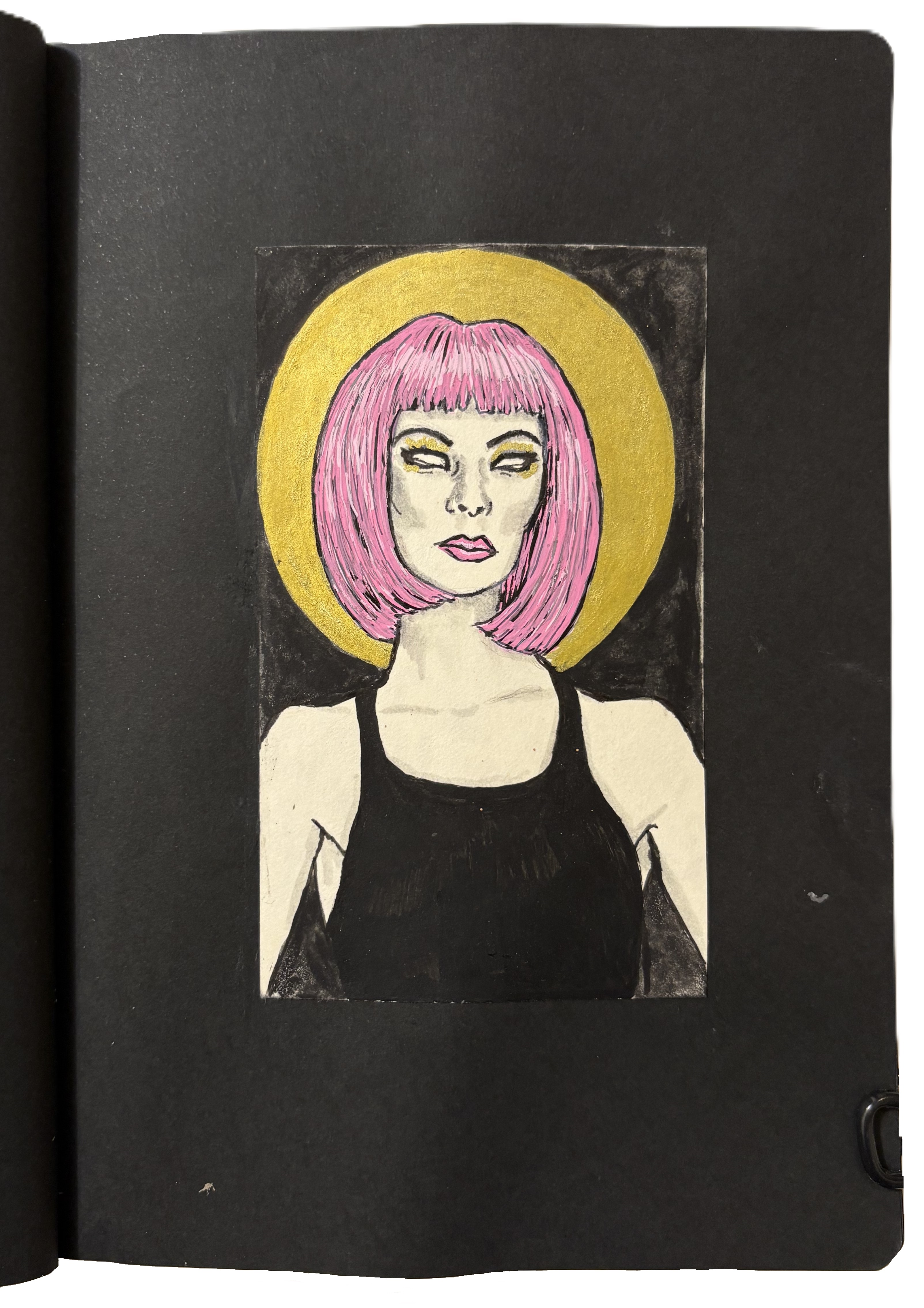 A mixed media art journal page with an illustrated portrait of a demon pink haired woman with a halo. This was drawn to represent a song by Slipknot. Drawing reference from Sktchy.