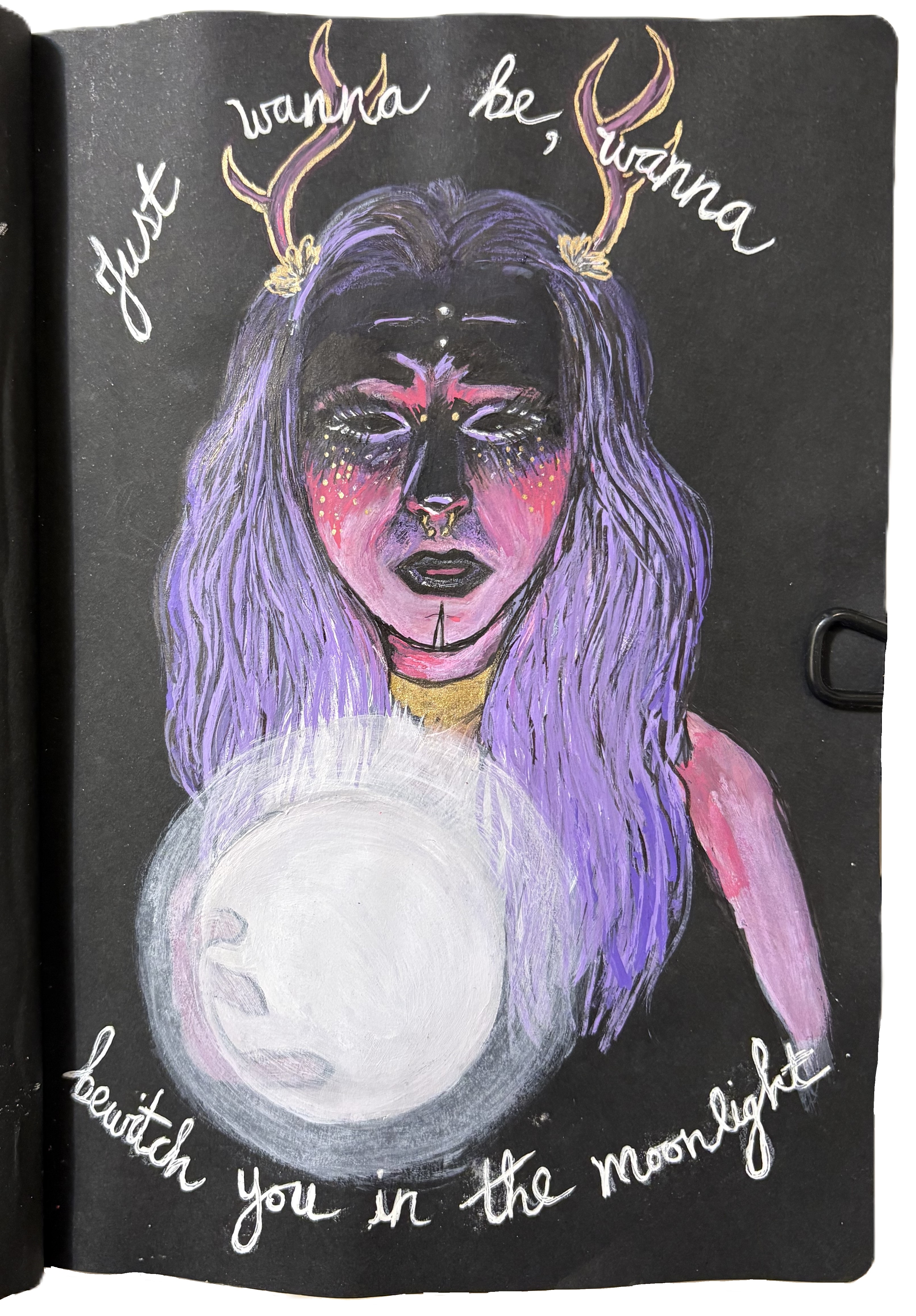 A mixed media art journal illustration of a witchy antlered woman with purple hair holding a glowing orb with lyrics from Dance Macabre by the band Ghost.