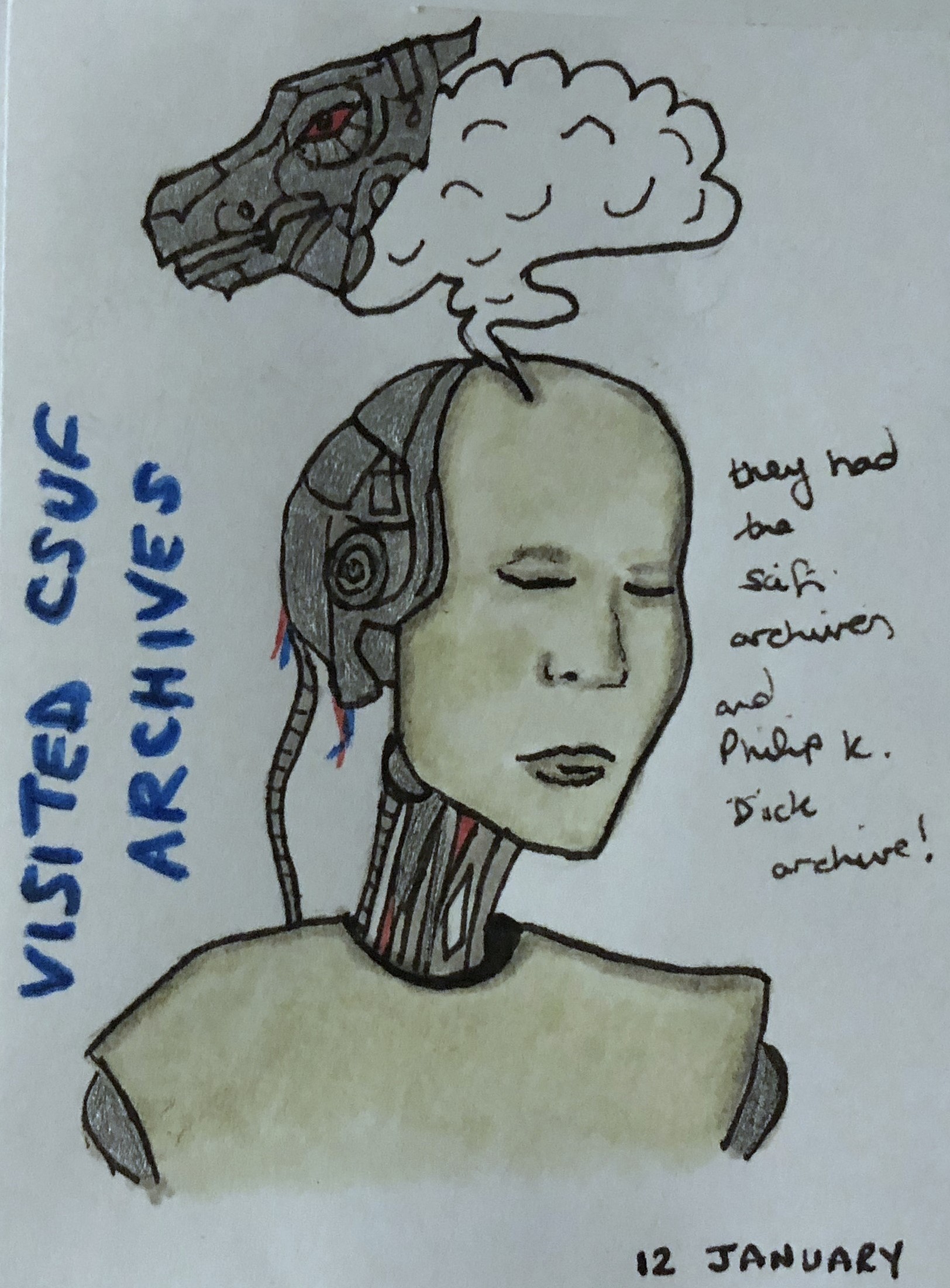 An art journal illustration of an android dreaming of an electric sheep after visiting the Philip K. Dick archives.