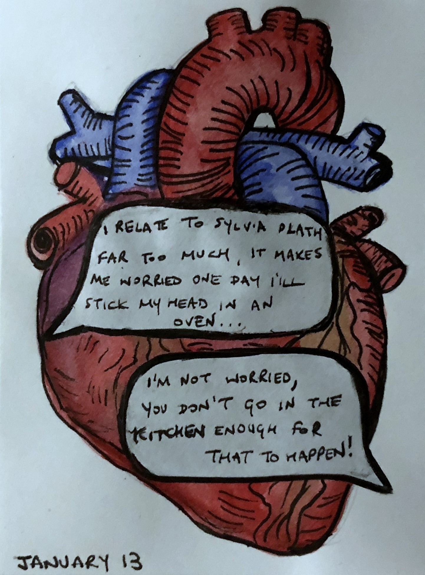 An art journal painting of an anatomical heart with a silly conversation I had with my husband about Sylvia Plath.