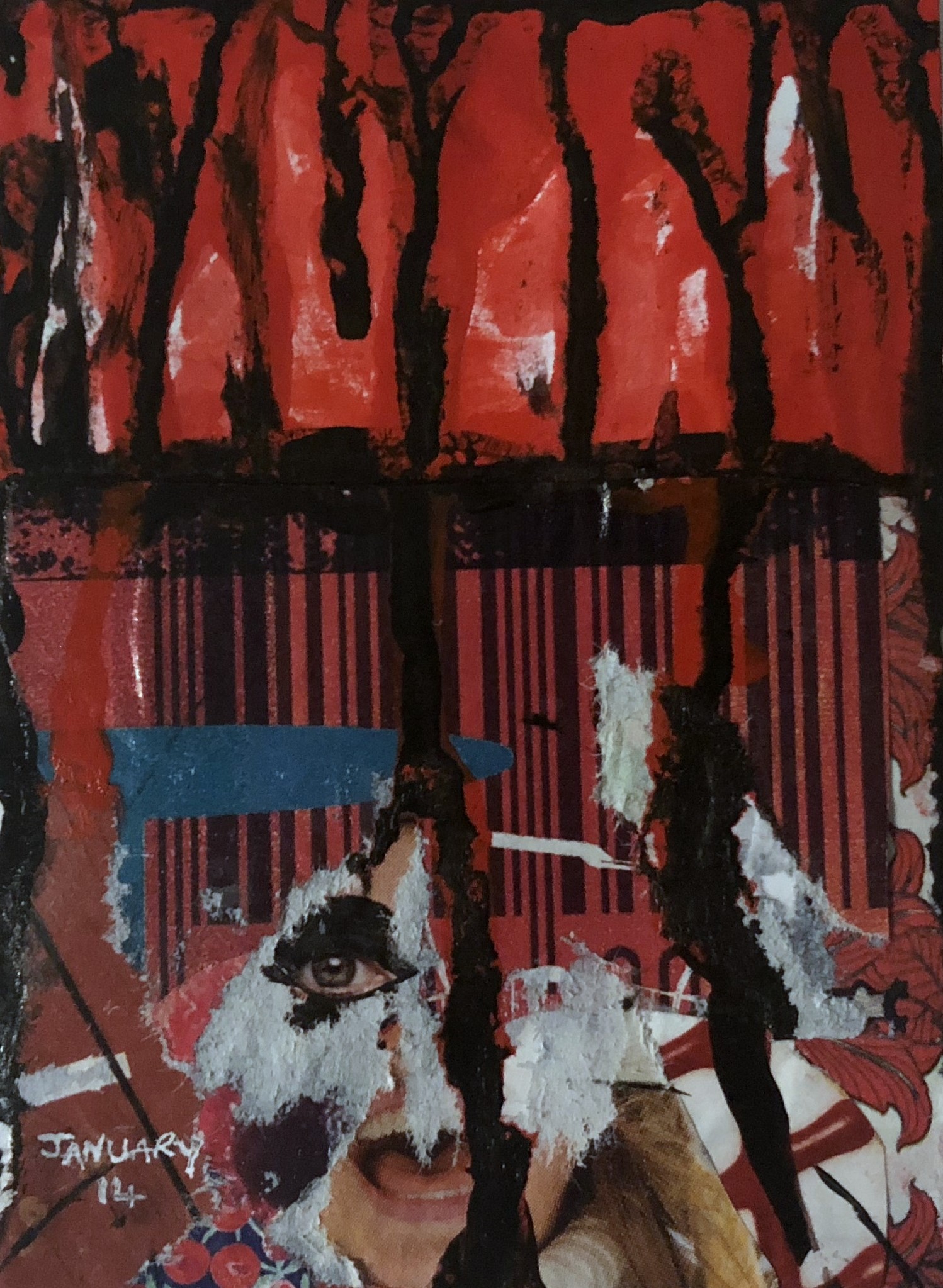 An art journal abstract collage with a woman screaming in the background.