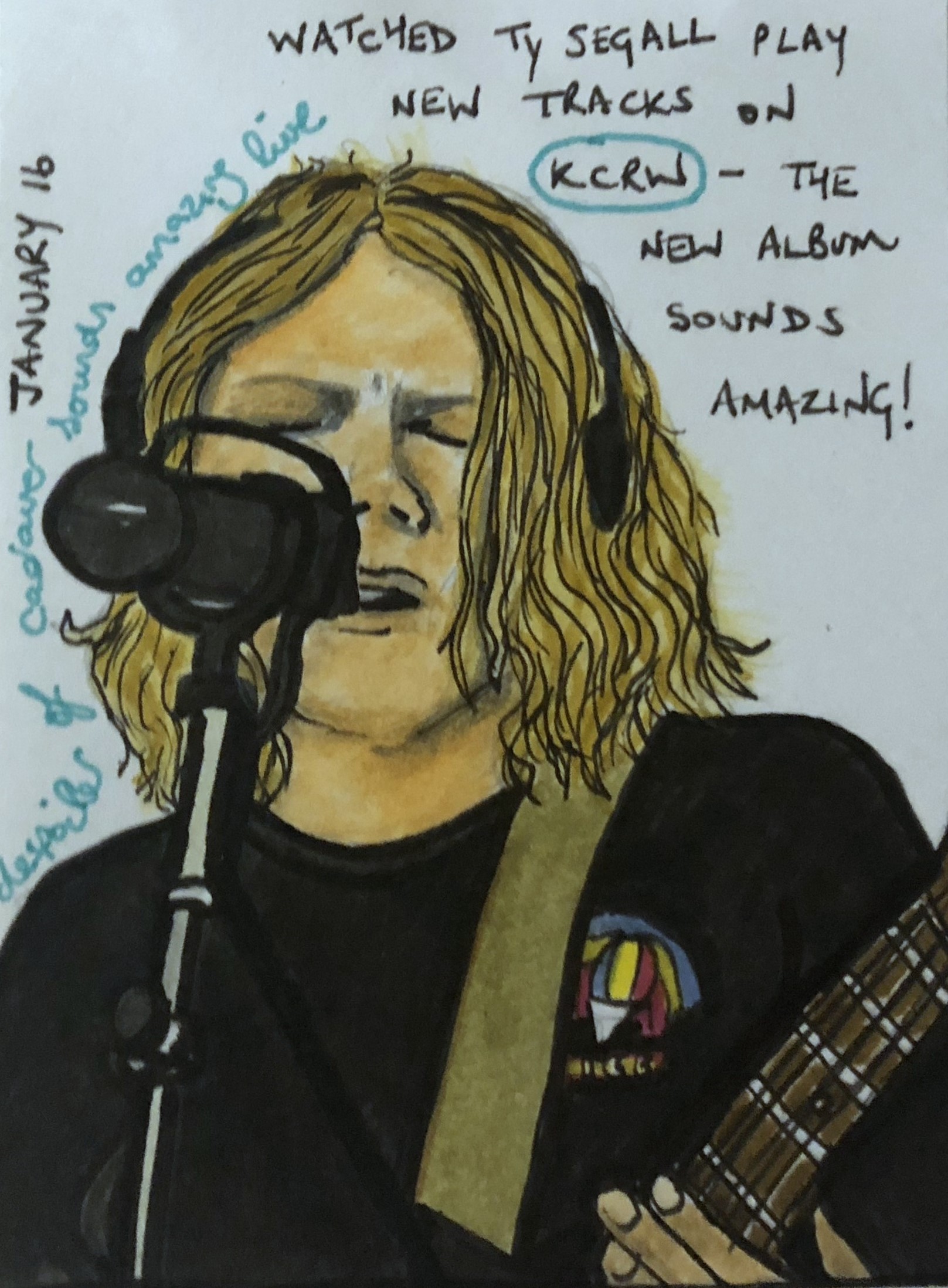 An art journal illustration of Ty Segall performing live on KCRW.