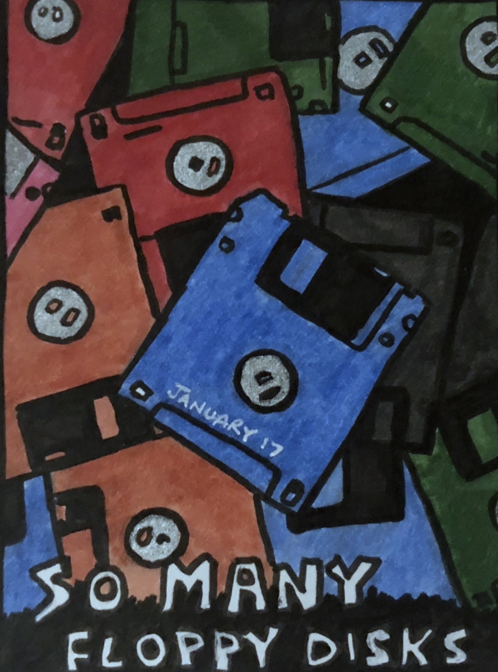 An art journal illustration of a pile of floppy disks.