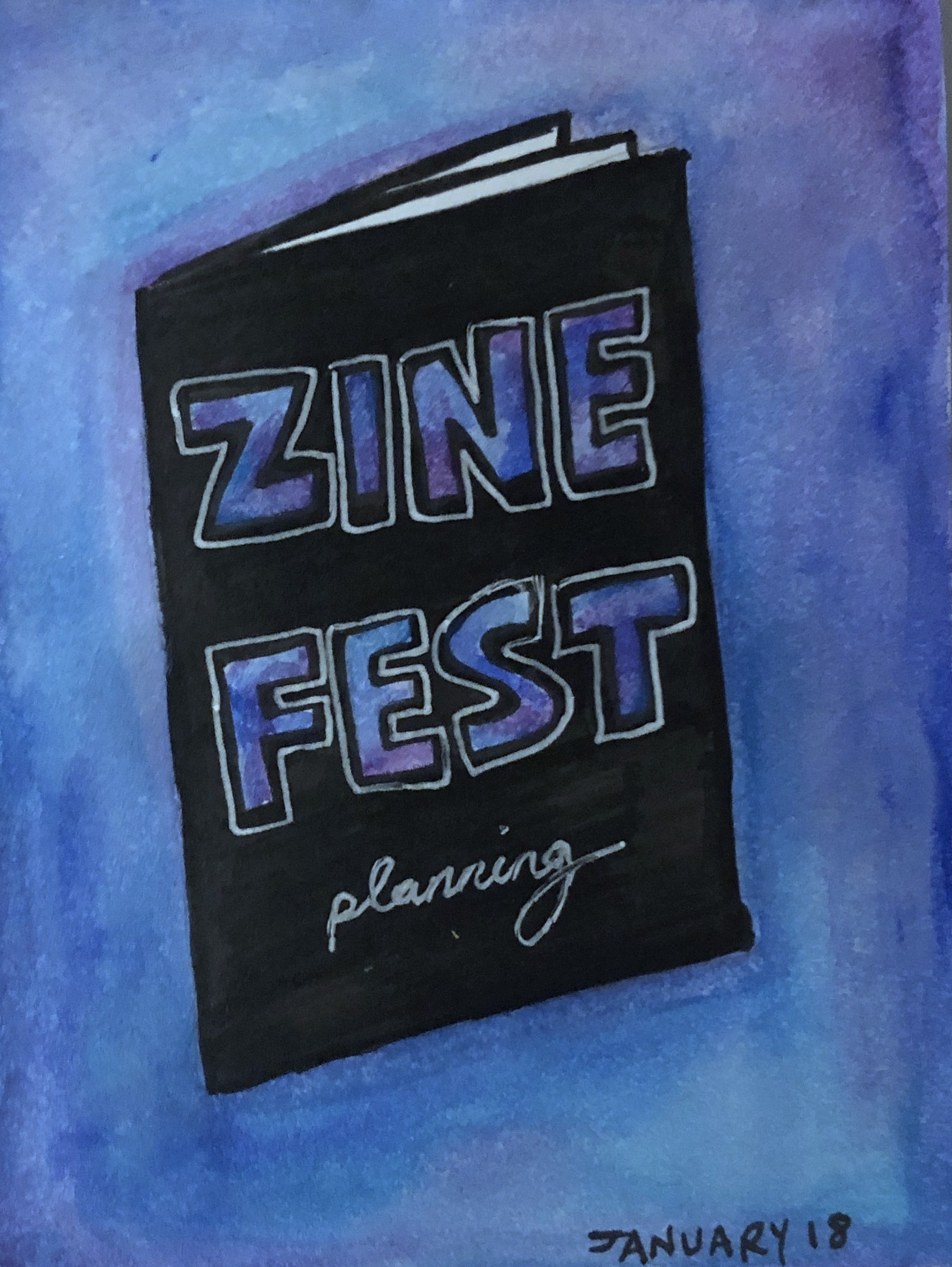 An art journal illustration of a zine about planning a Zinefest.