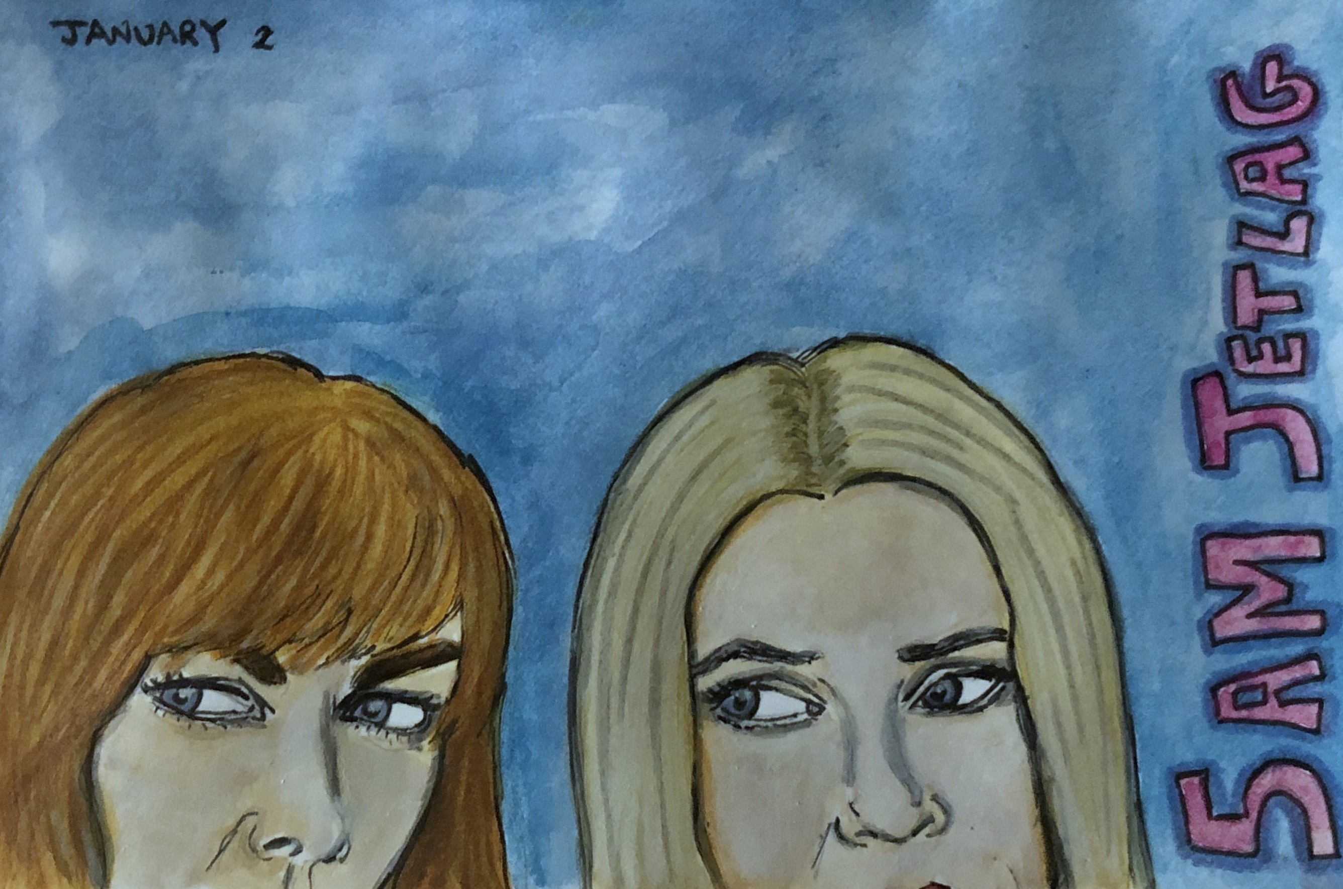 An art journal illustration of Nicole Kidman and Reese Witherspoon in Big Little Lies after watching it at 5am with jetlag.