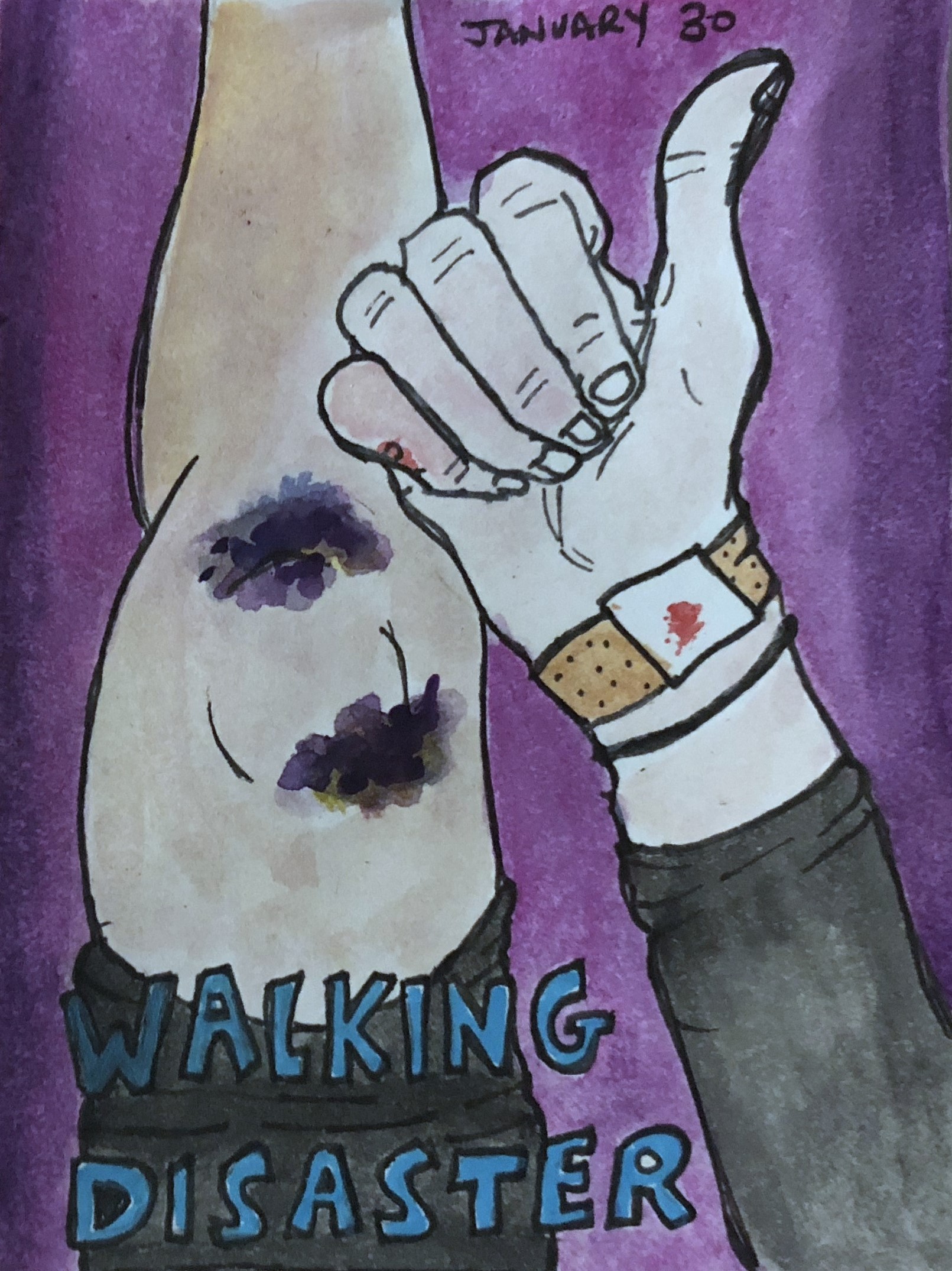 An art journal illustration of bruises on my leg and cuts on my arm after falling over with the words walking disaster.