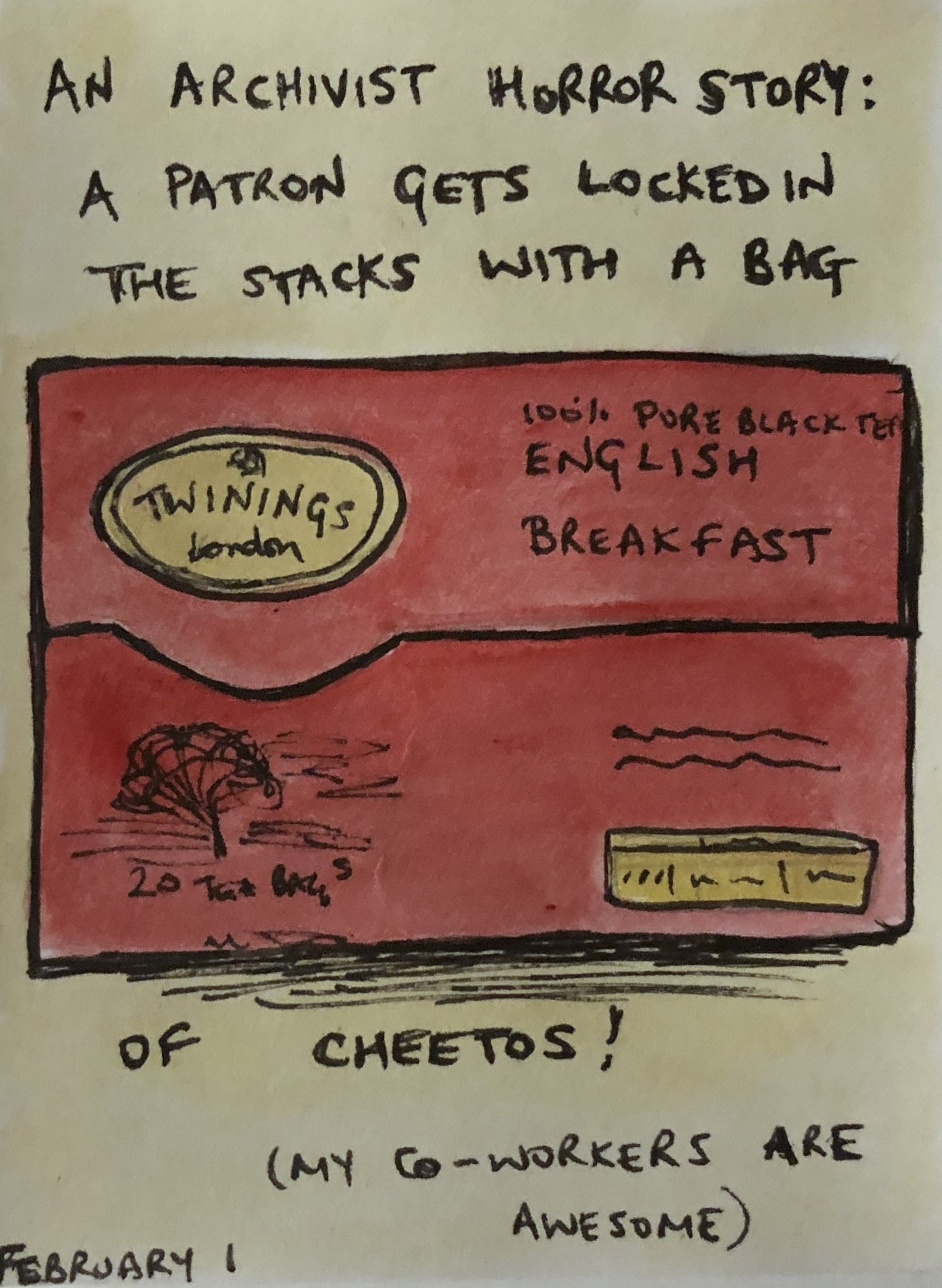 An art journal illustration of a box of tea and a silly archivist horror story.