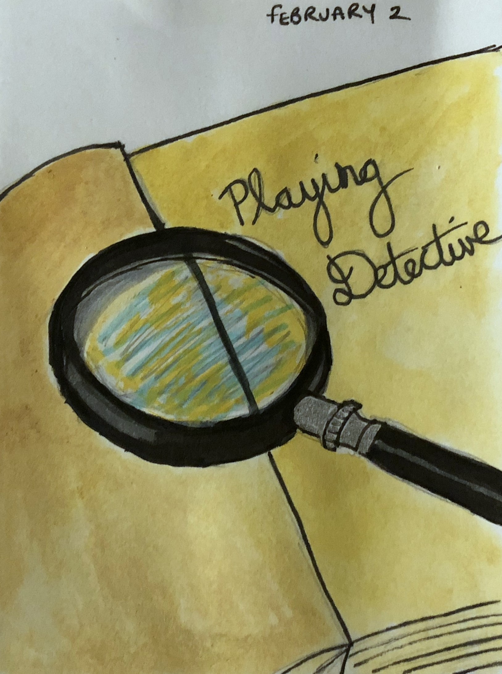 An art journal illustration of a magnifying glass on a book with the words playing detective.
