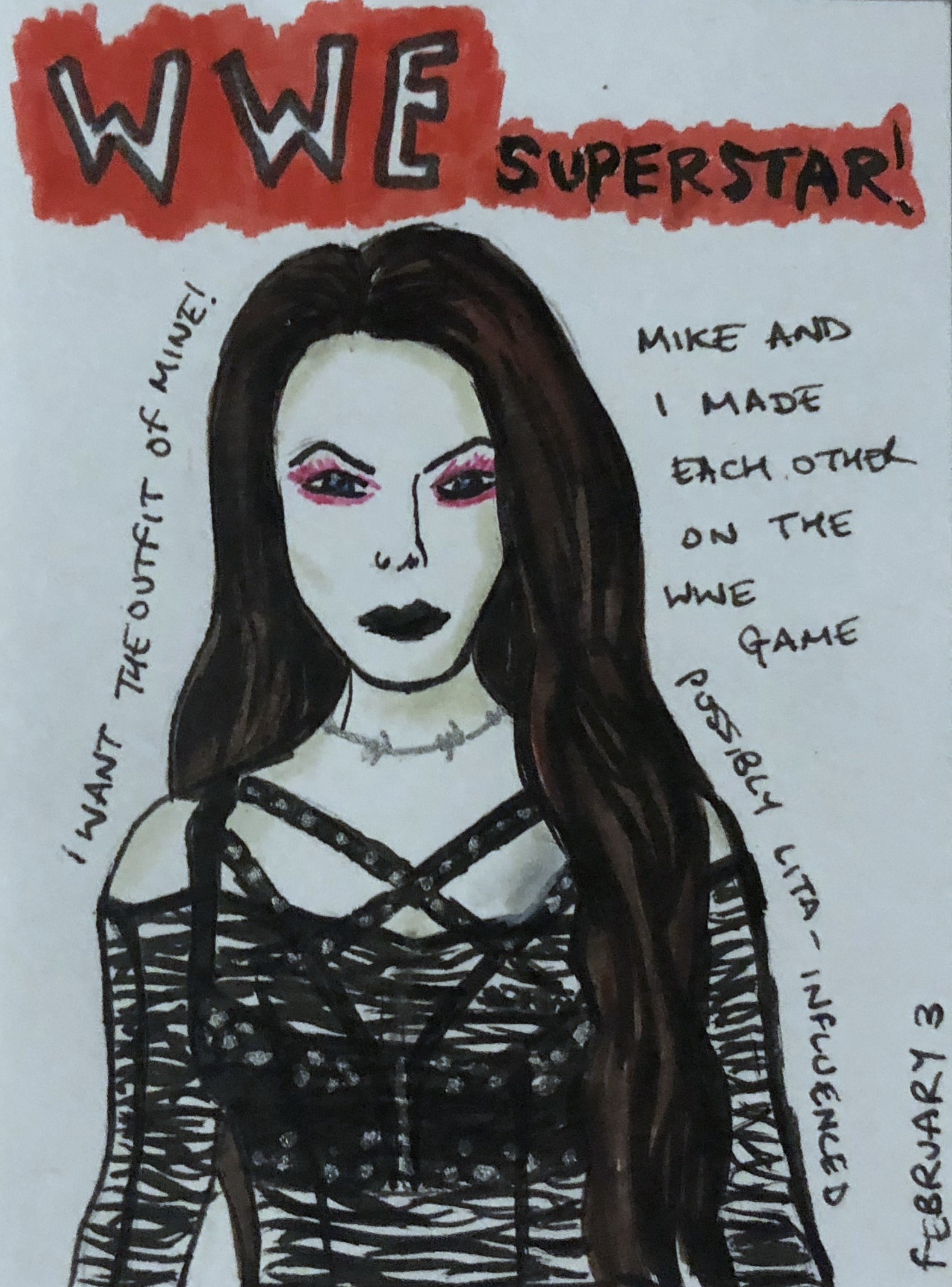An art journal illustration of the Lita-influenced character I created based on myself in the WWE video game.