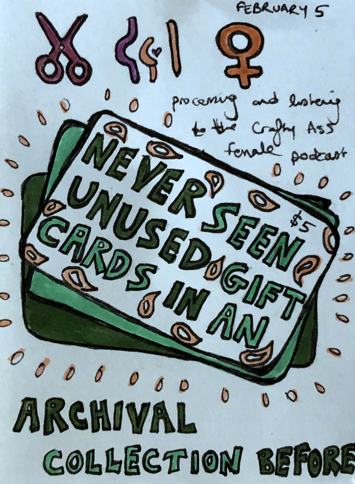 An art journal illustration about archival processing and listening to craft podcasts.