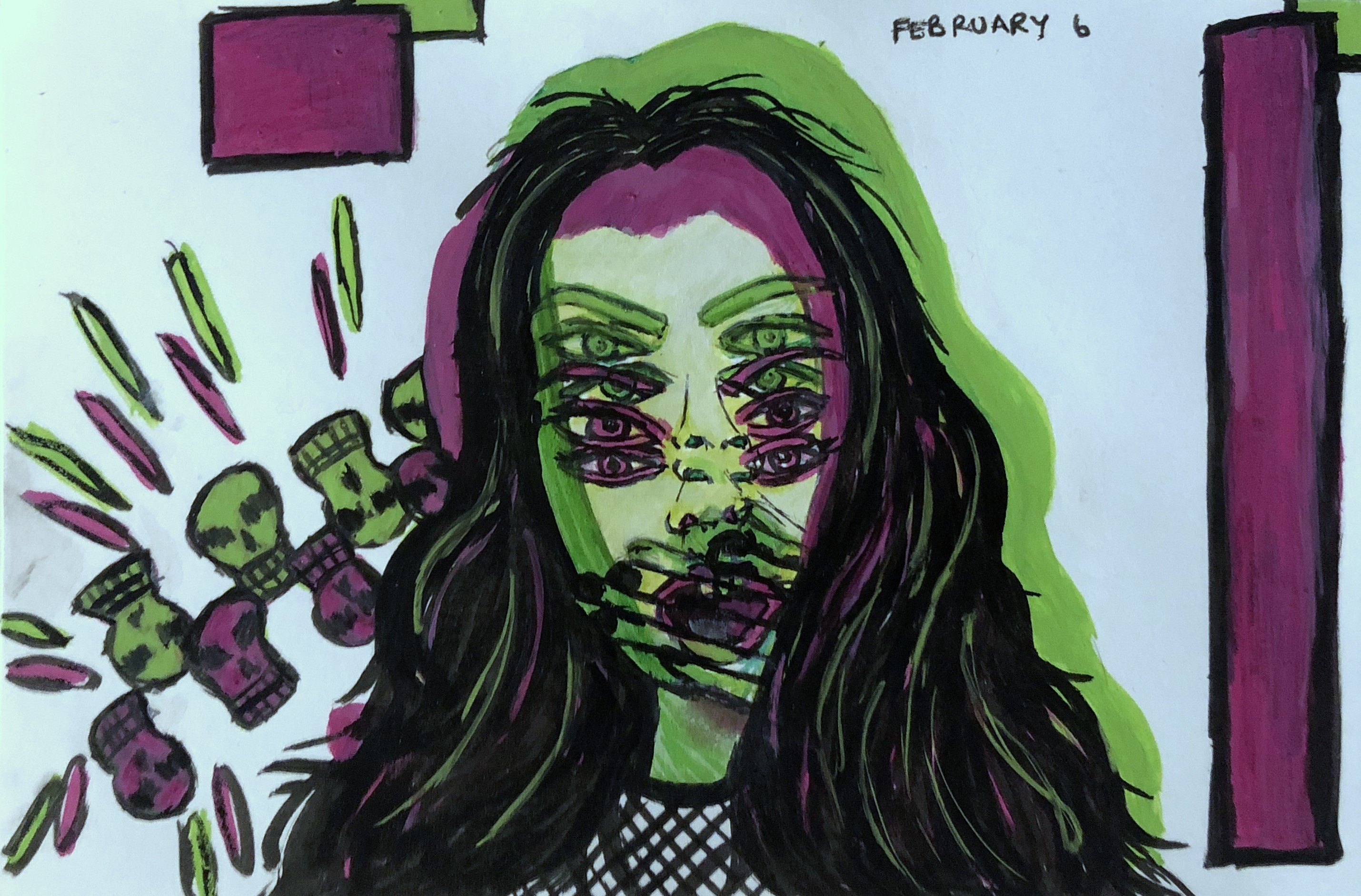 An art journal double exposure illustration of myself looking shocked in neon colors and doodled skulls next to me.