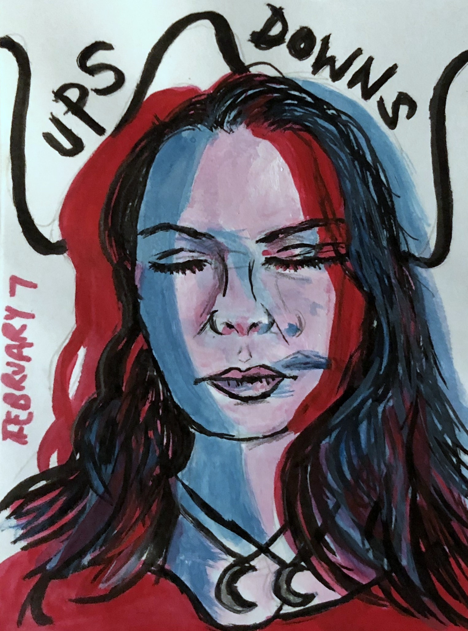 An art journal double exposure illustration of myself with my eyes closed with the words ups and downs above me.