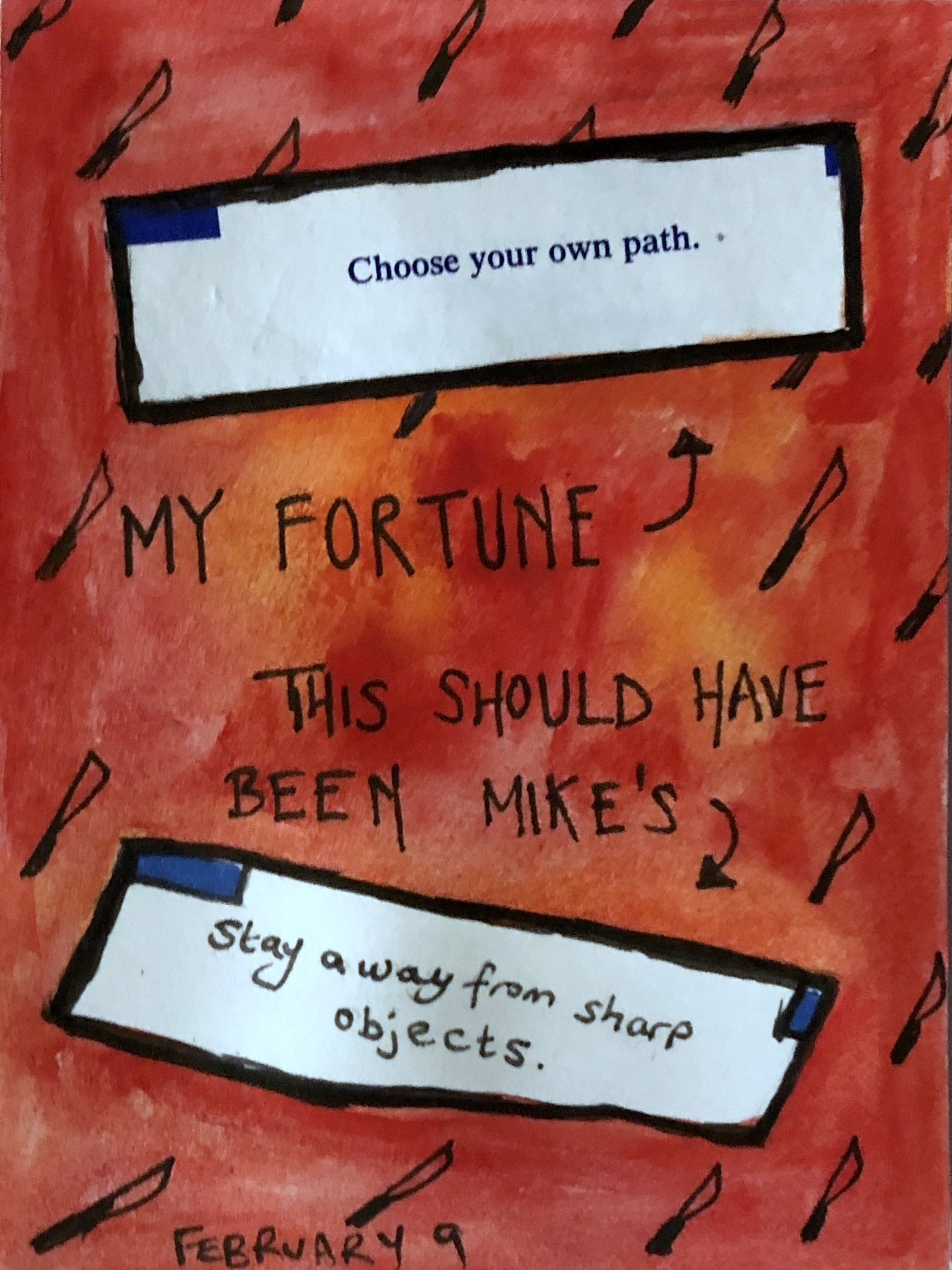 An art journal illustration about fortune cookies and my husband accidentally hurting himself with a knife.