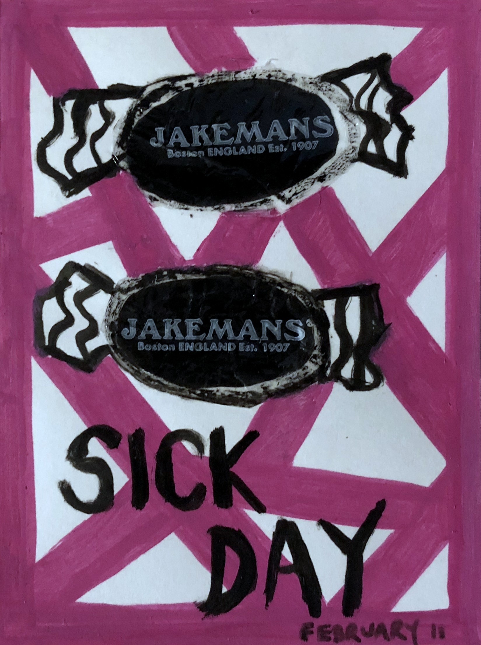 A mixed media art journal collage of cough sweets and words saying sick day.