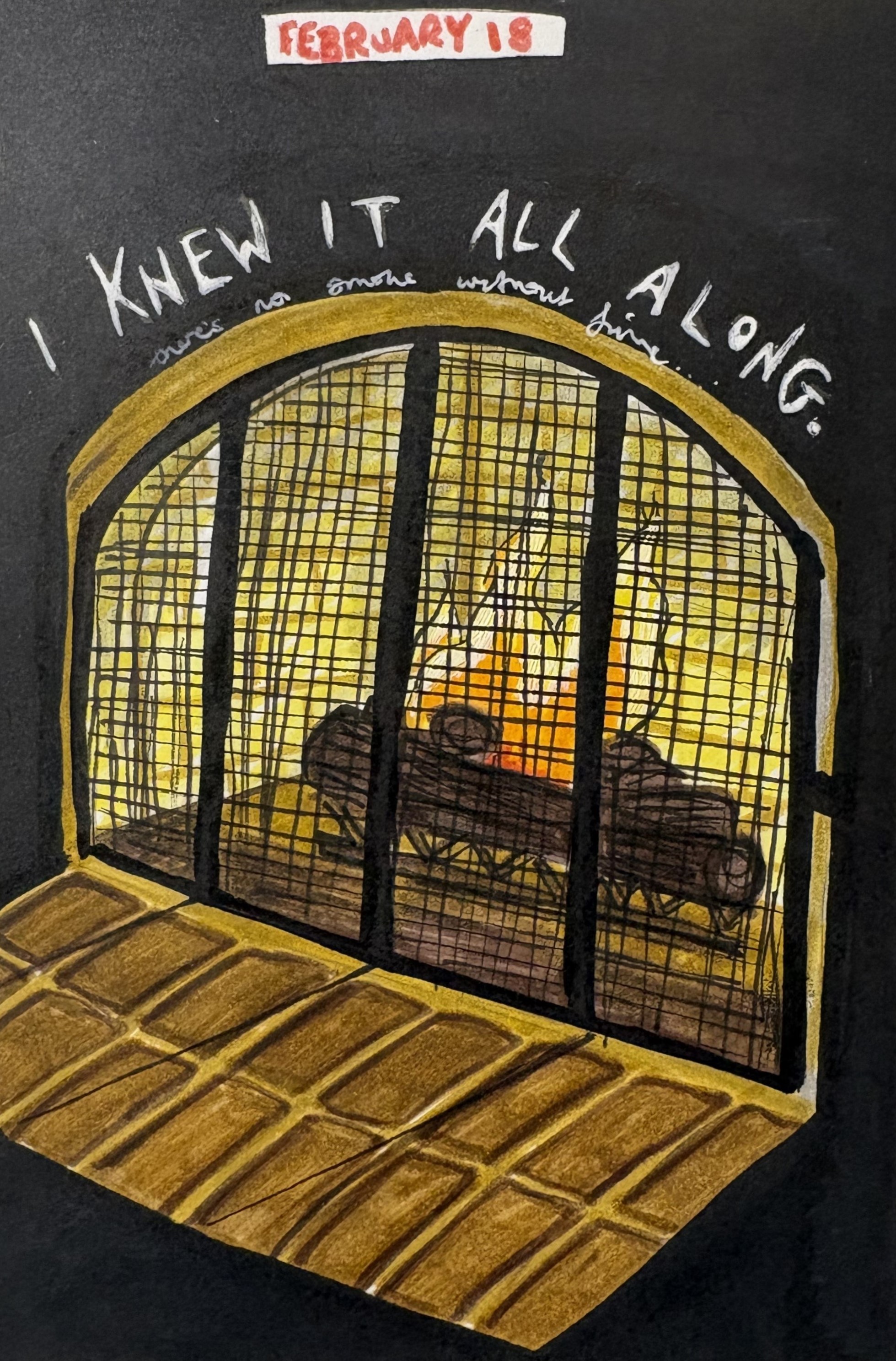 An art journal illustration of a log fire and the words I knew it all along.