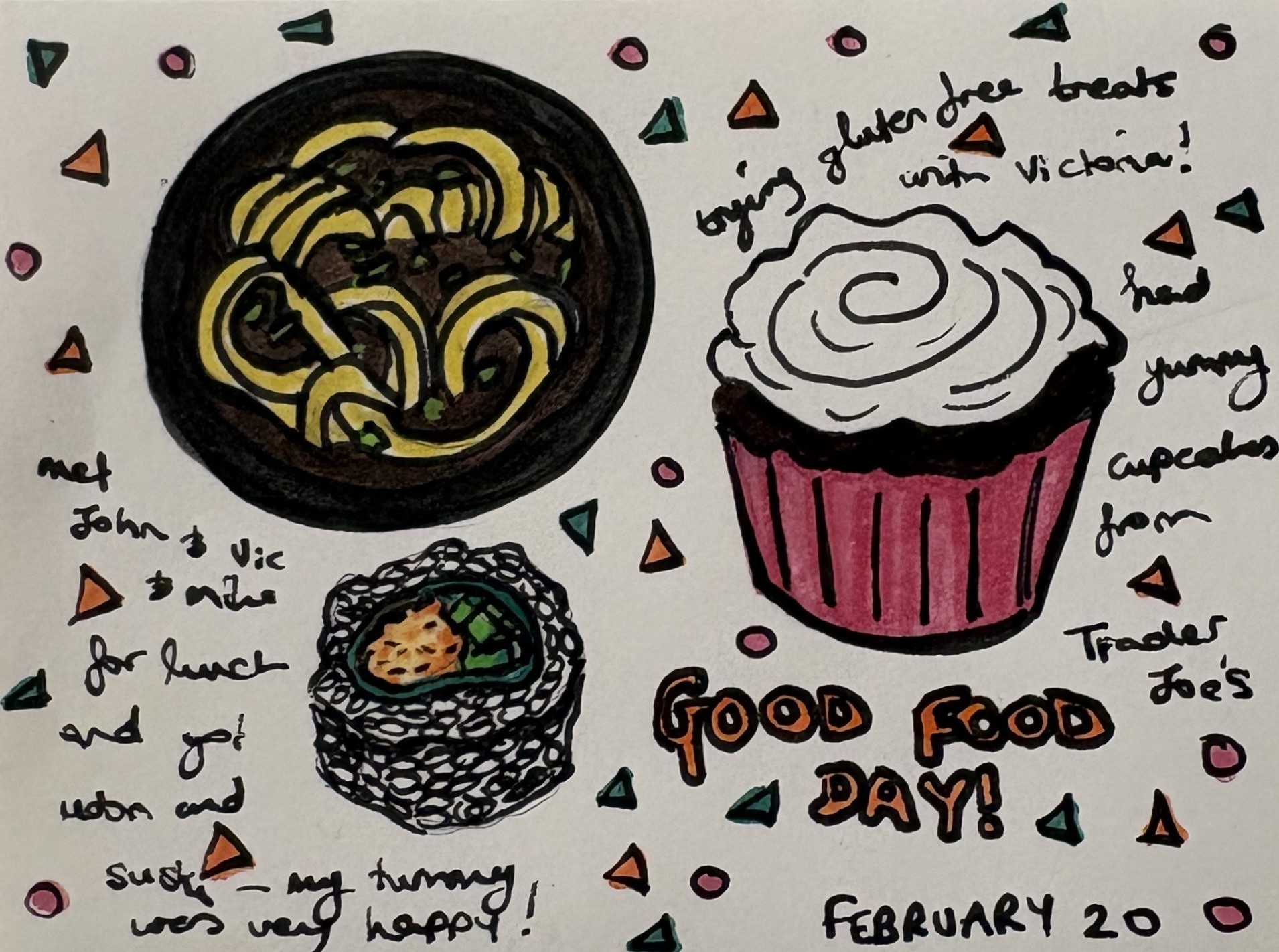 An art journal illustration of food I ate that day including noodles, sushi, and gluten free desserts.