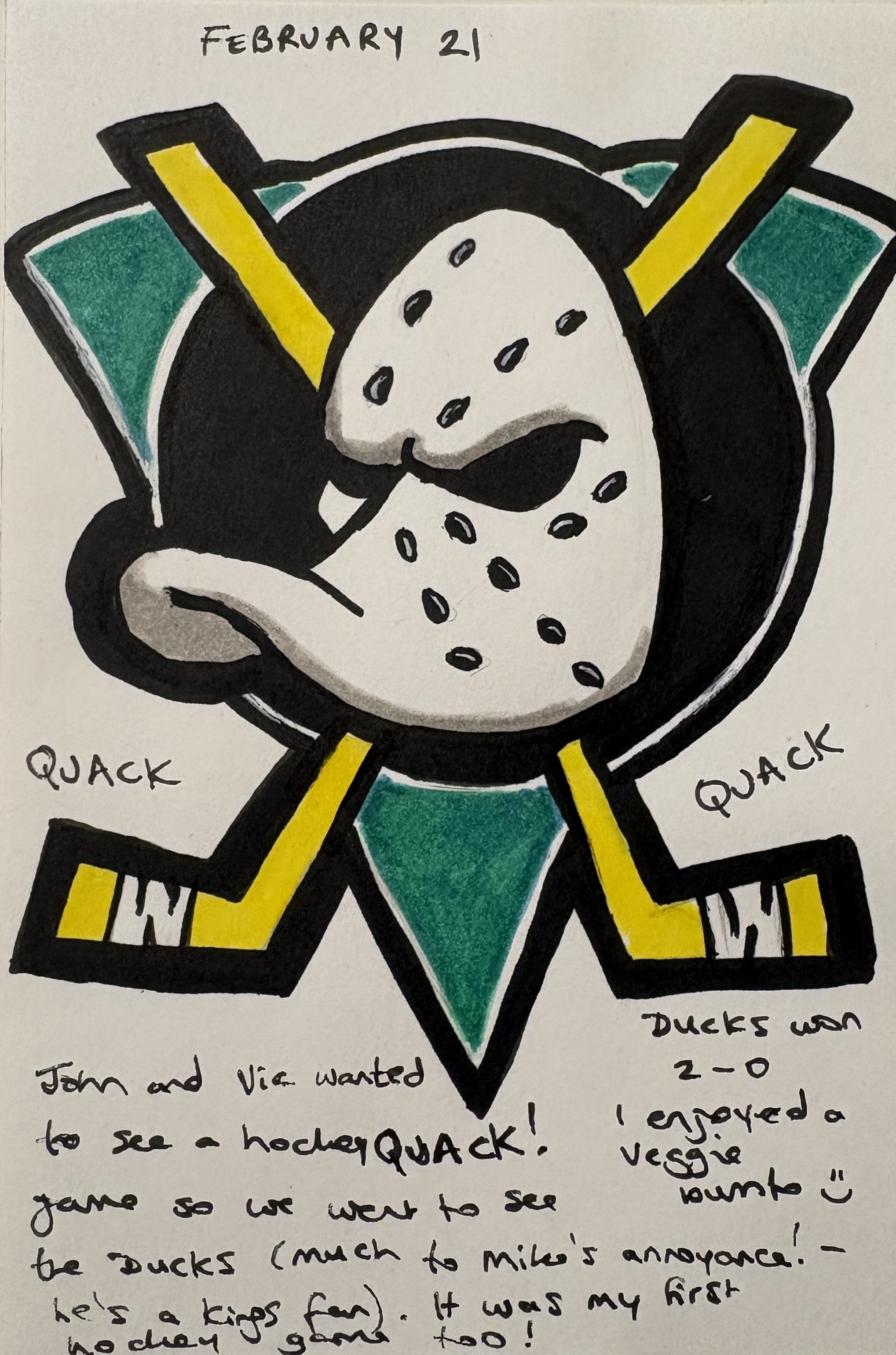 An art journal illustration of the Anaheim Ducks logo after seeing them play.