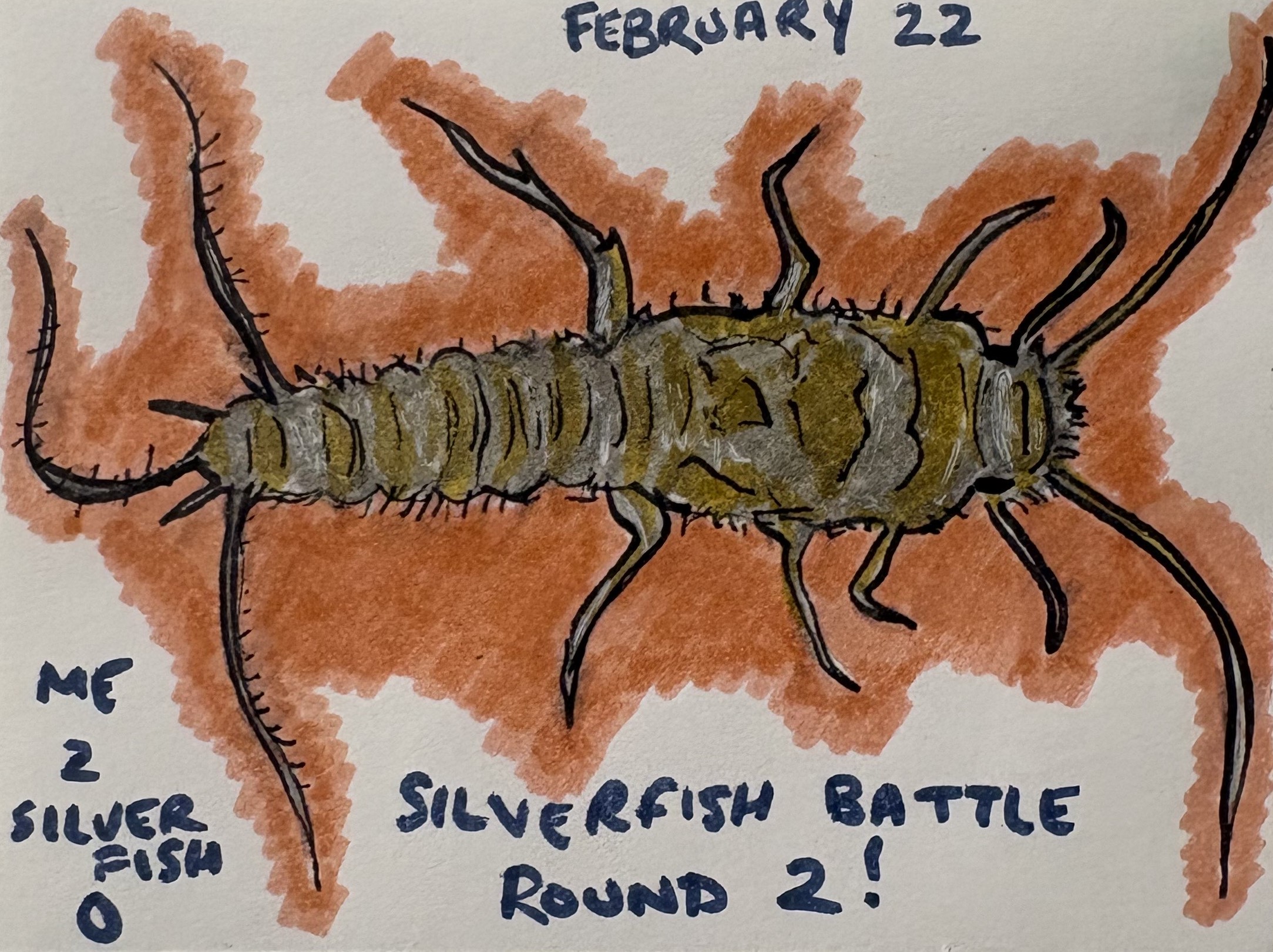 An art journal illustration of a silverfish after battling them in the archives.