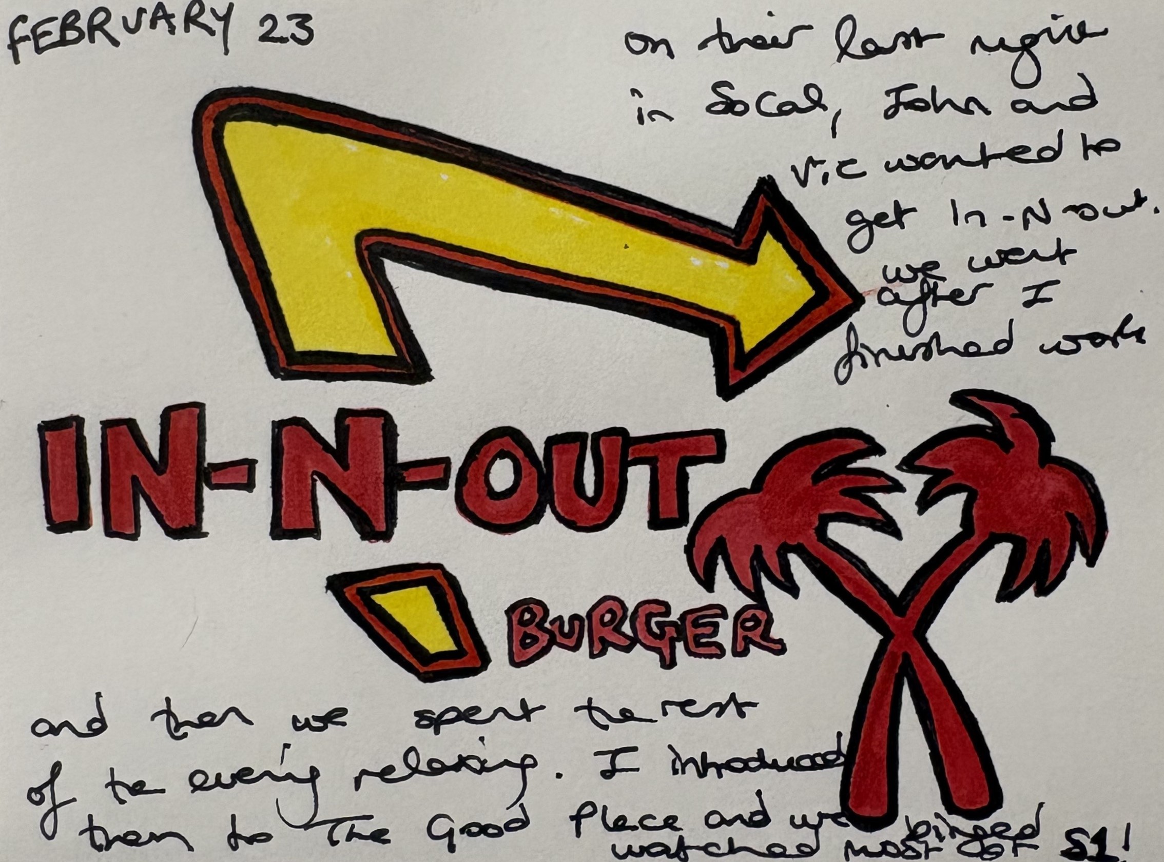 An art journal illustration about going to In-n-Out in Los Angeles with my family.