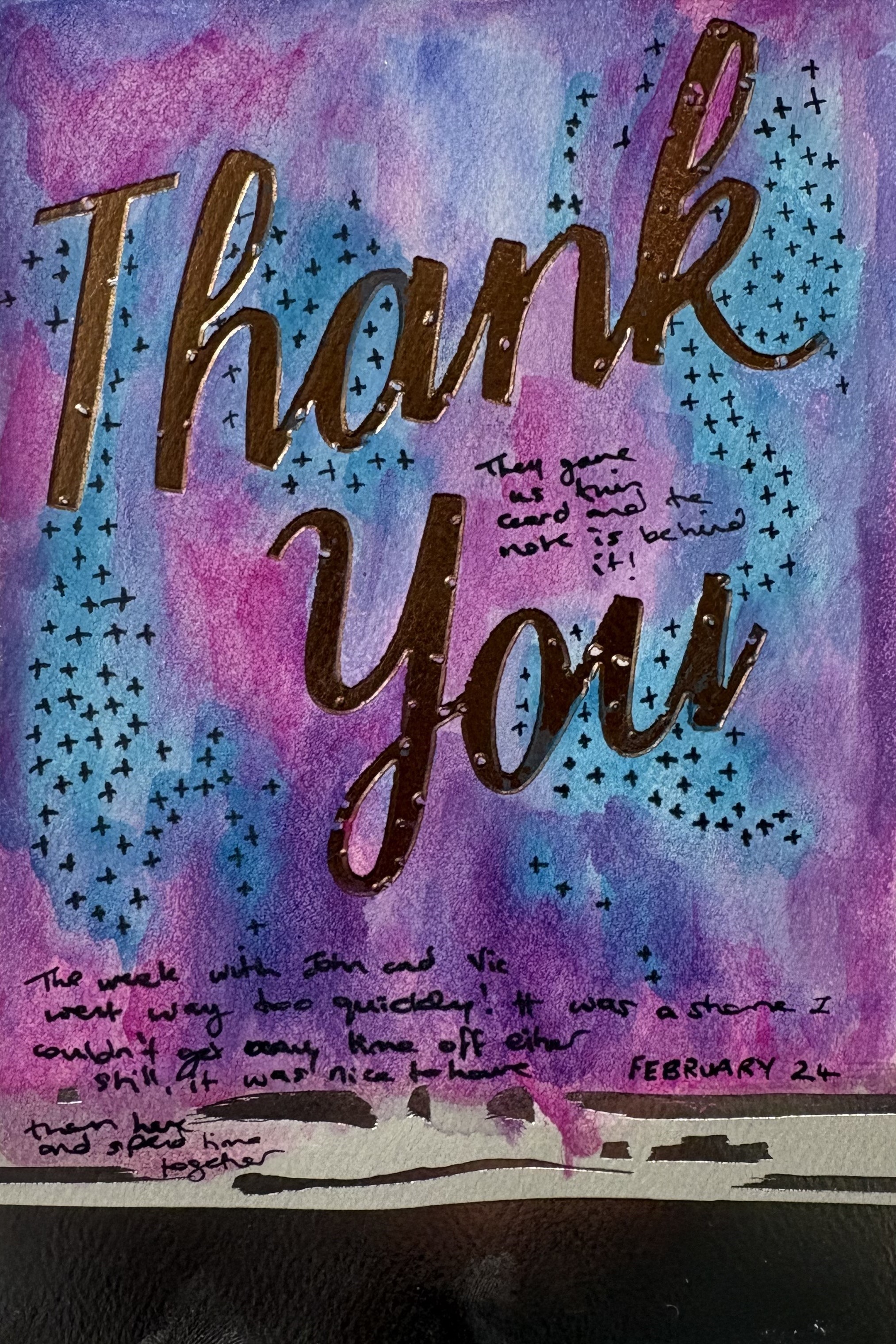 An art journal collage of a card from my brother and sister-in-law that I covered with watercolors.