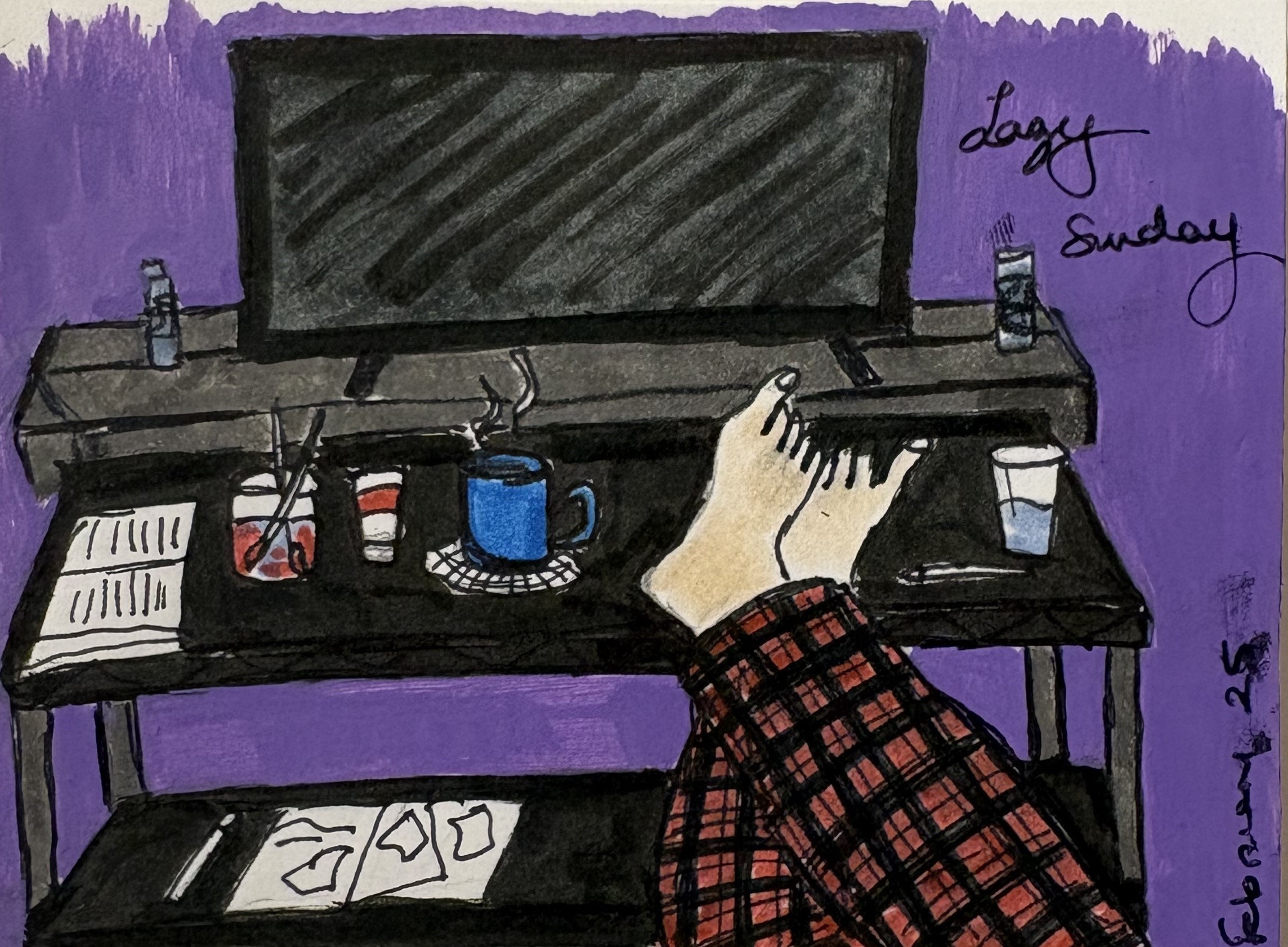 An art journal illustration of my legs up on a table having a lazy Sunday in my living room.