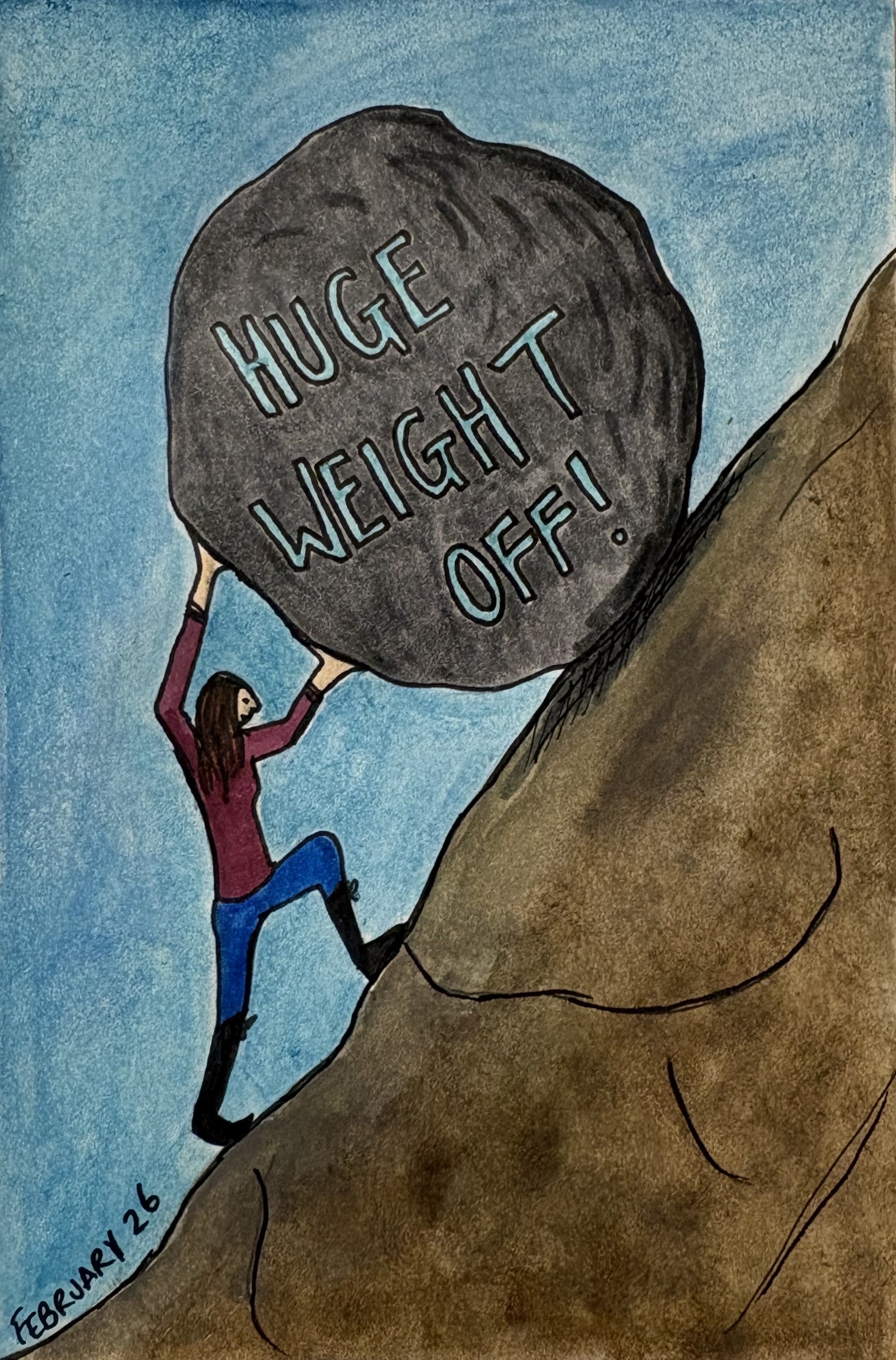 An art journal illustration of myself pushing a boulder up a steep hill.