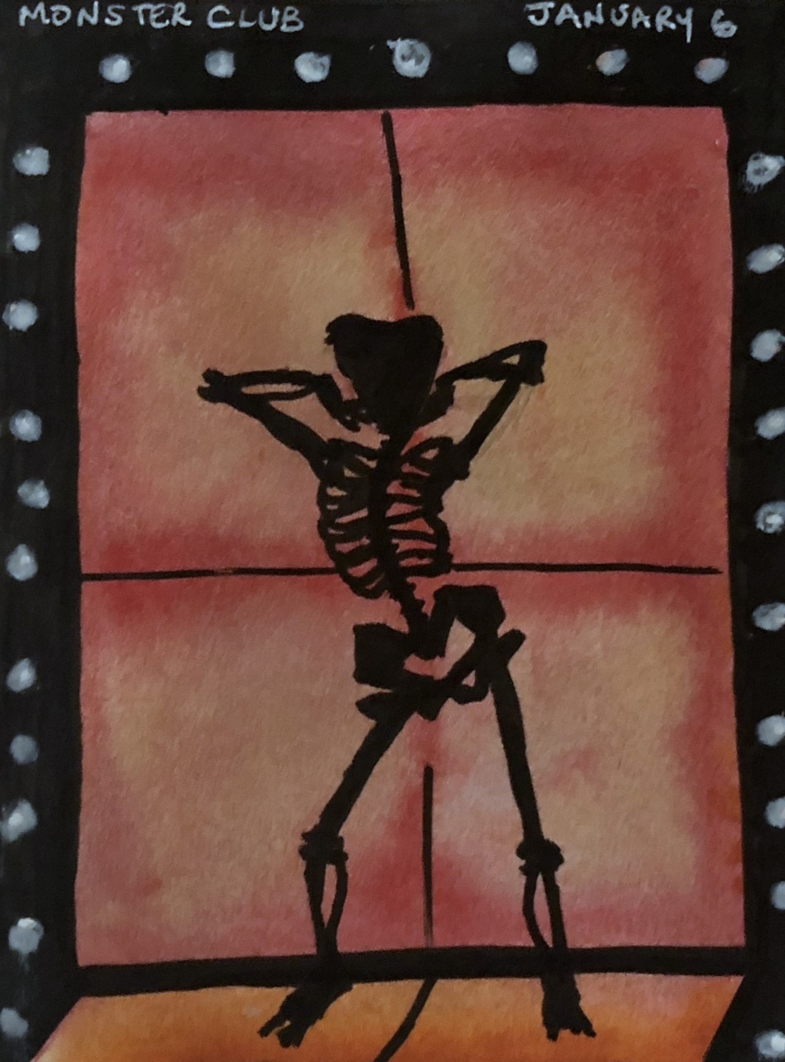 An art journal illustration of a skeleton woman from the movie Monster Club.