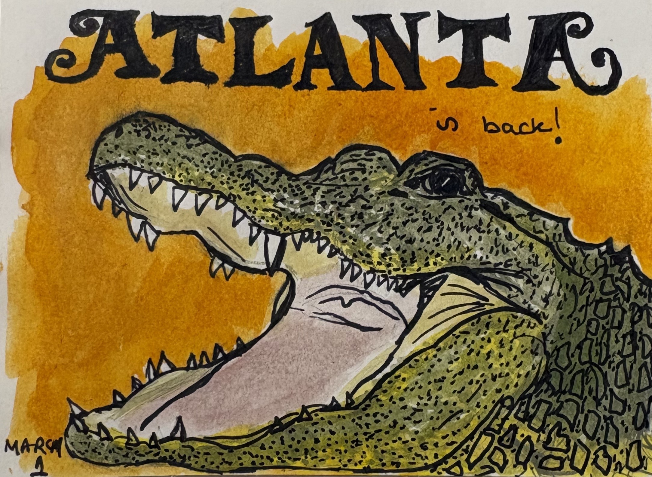 An art journal illustration of an alligator with words about being excited that the TV show Atlanta is coming back.
