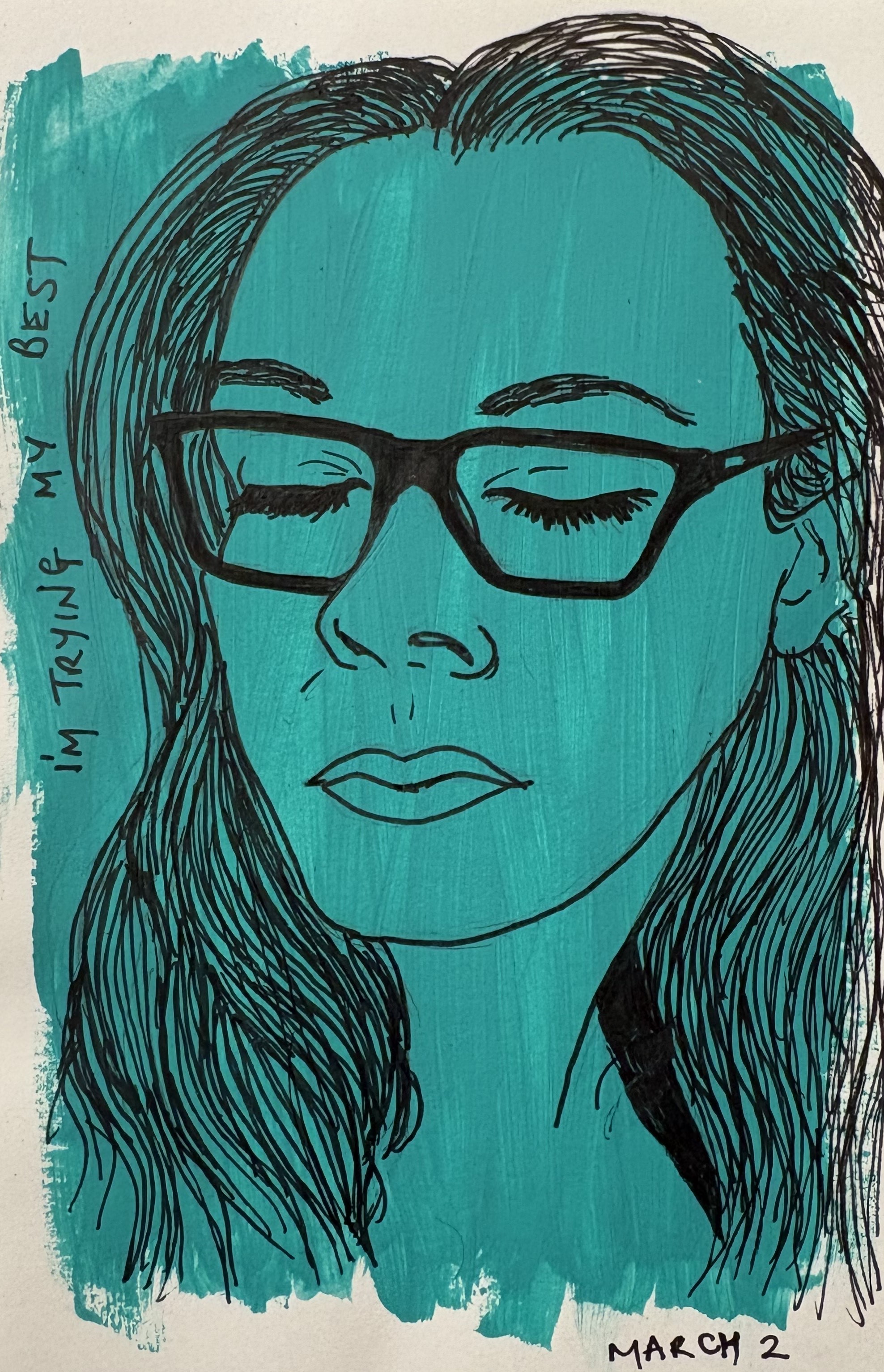 A mixed media art journal illustration of myself with my eyes shut and the words I'm trying my best.