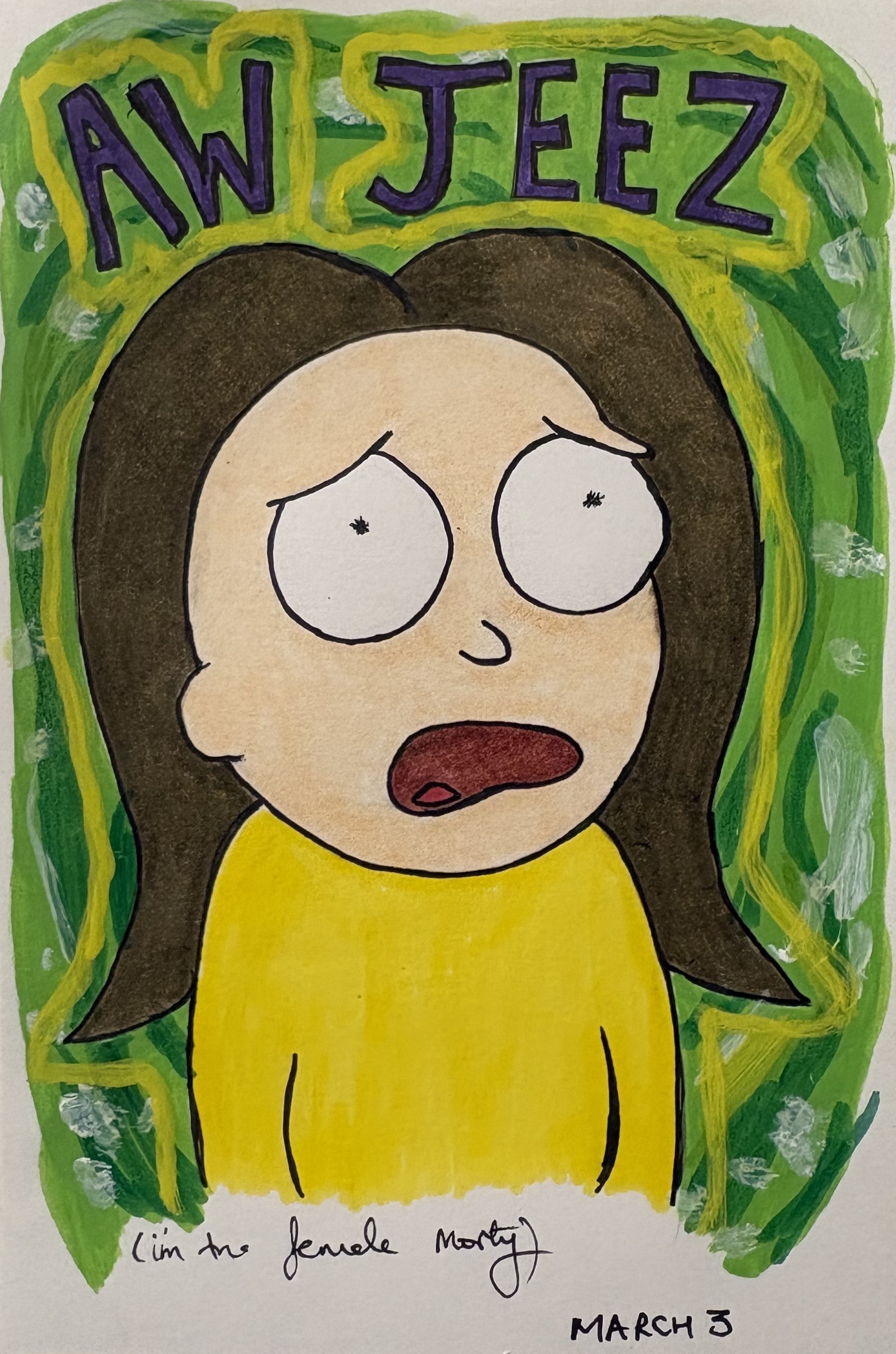 A mixed media art journal illustration of Morty from the TV show Rick & Morty as a female.