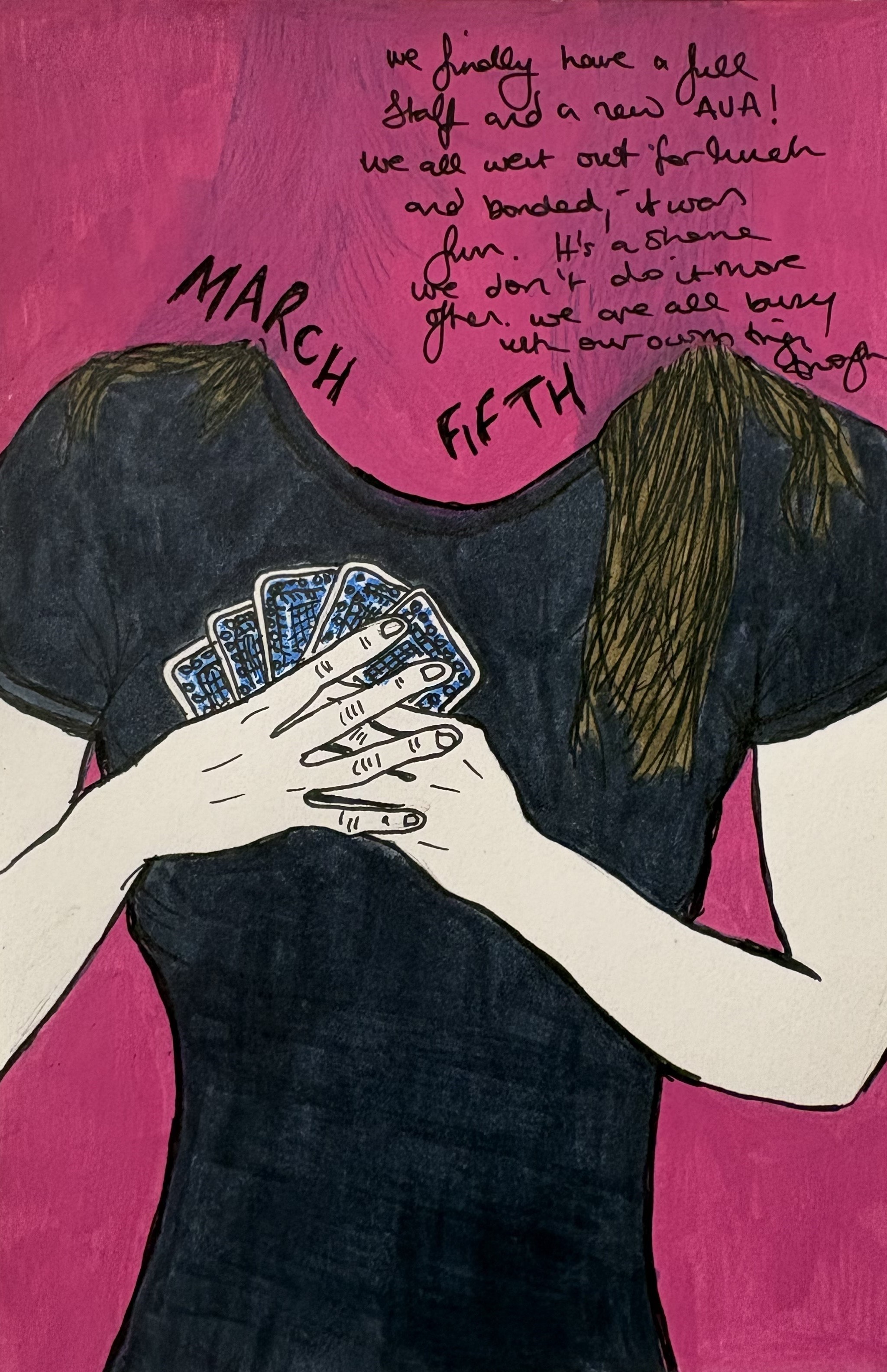 An art journal illustration of a headless version of mysellf holding cards close to my chest.