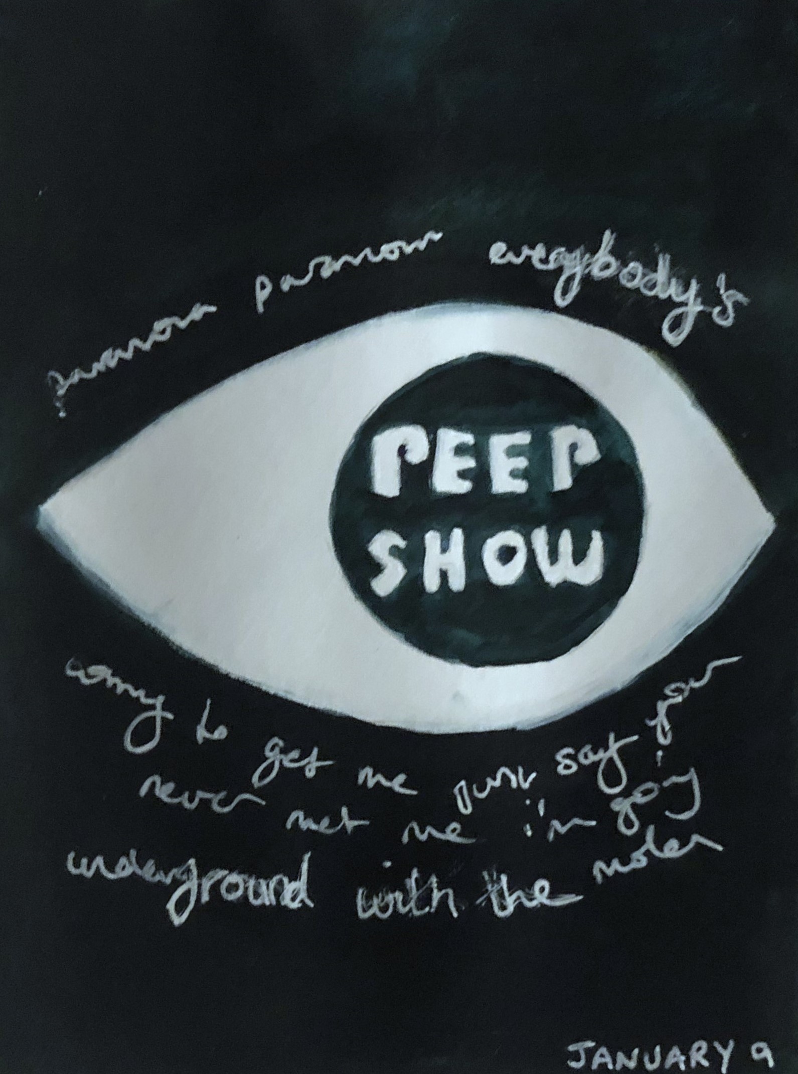 An art journal illustration of the logo from the British television series Peep Show with the lyrics from the theme song.