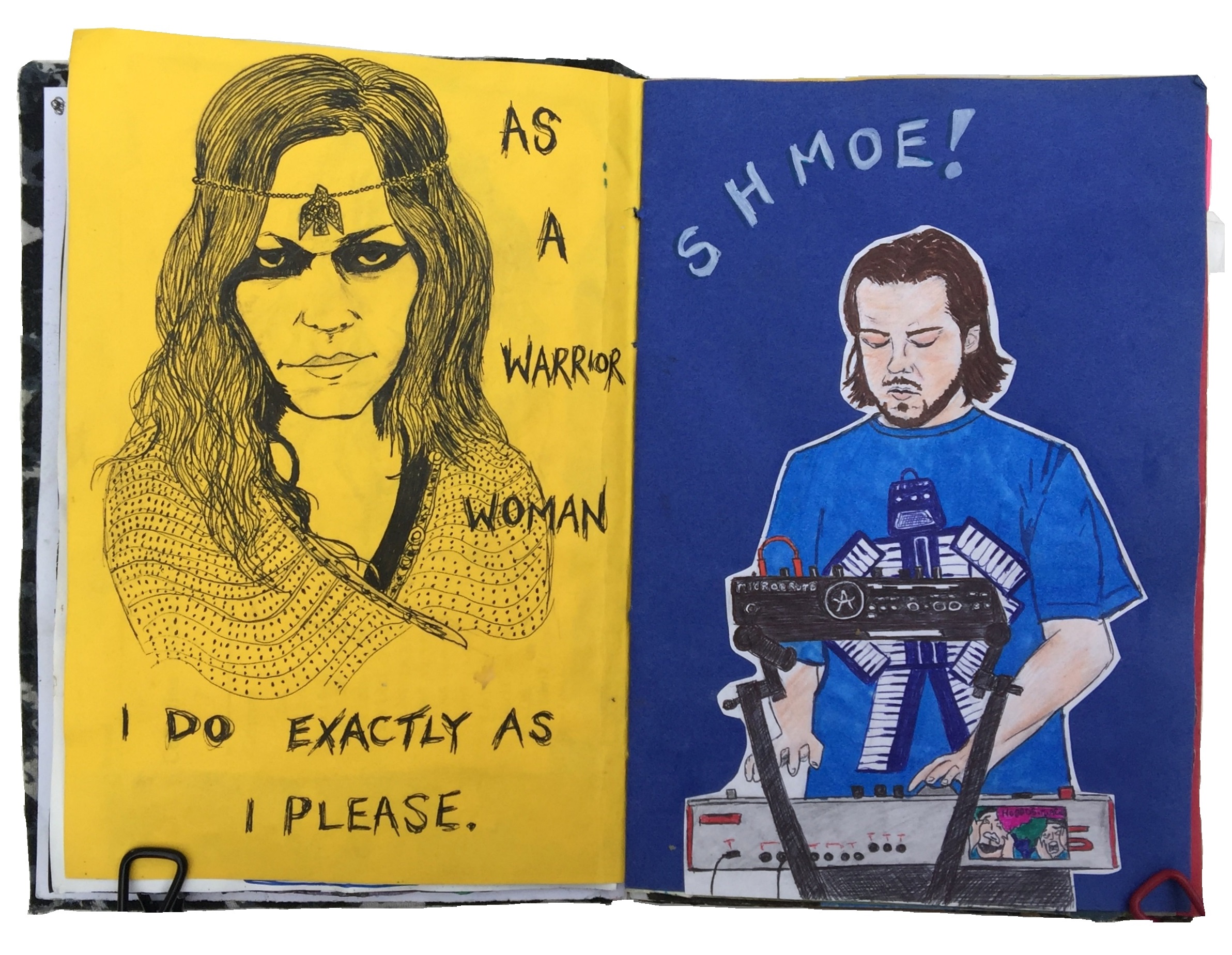 A mixed media art journal illustration of Jex Thoth with lyrics from the song Warrior Woman and a drawing of my husband of the band Shmoe playing synth.