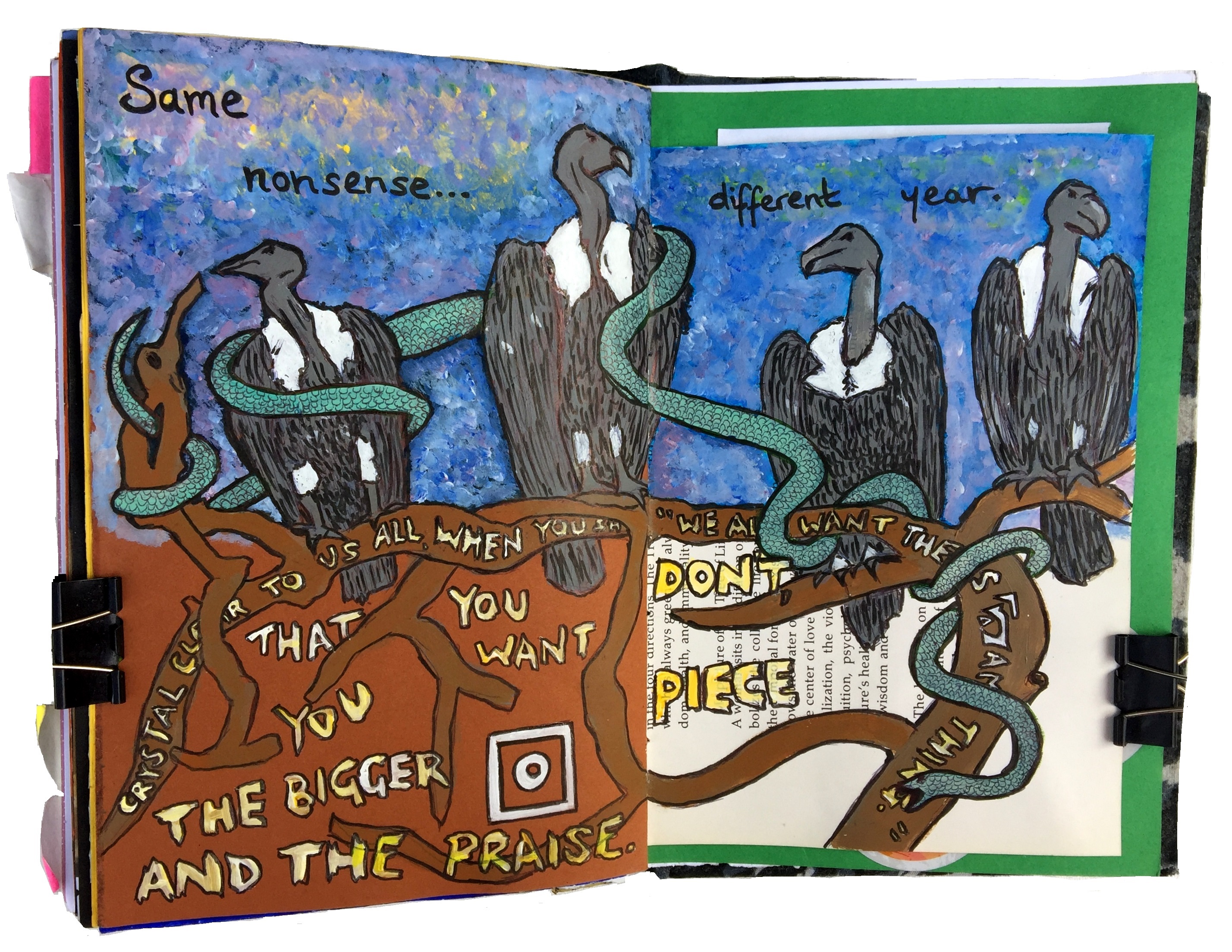 A mixed media art journal illustration of vultures perched on a branch and a snake wrapped around them with lyrics from the song Smoke and Mirrors by Puscifer.