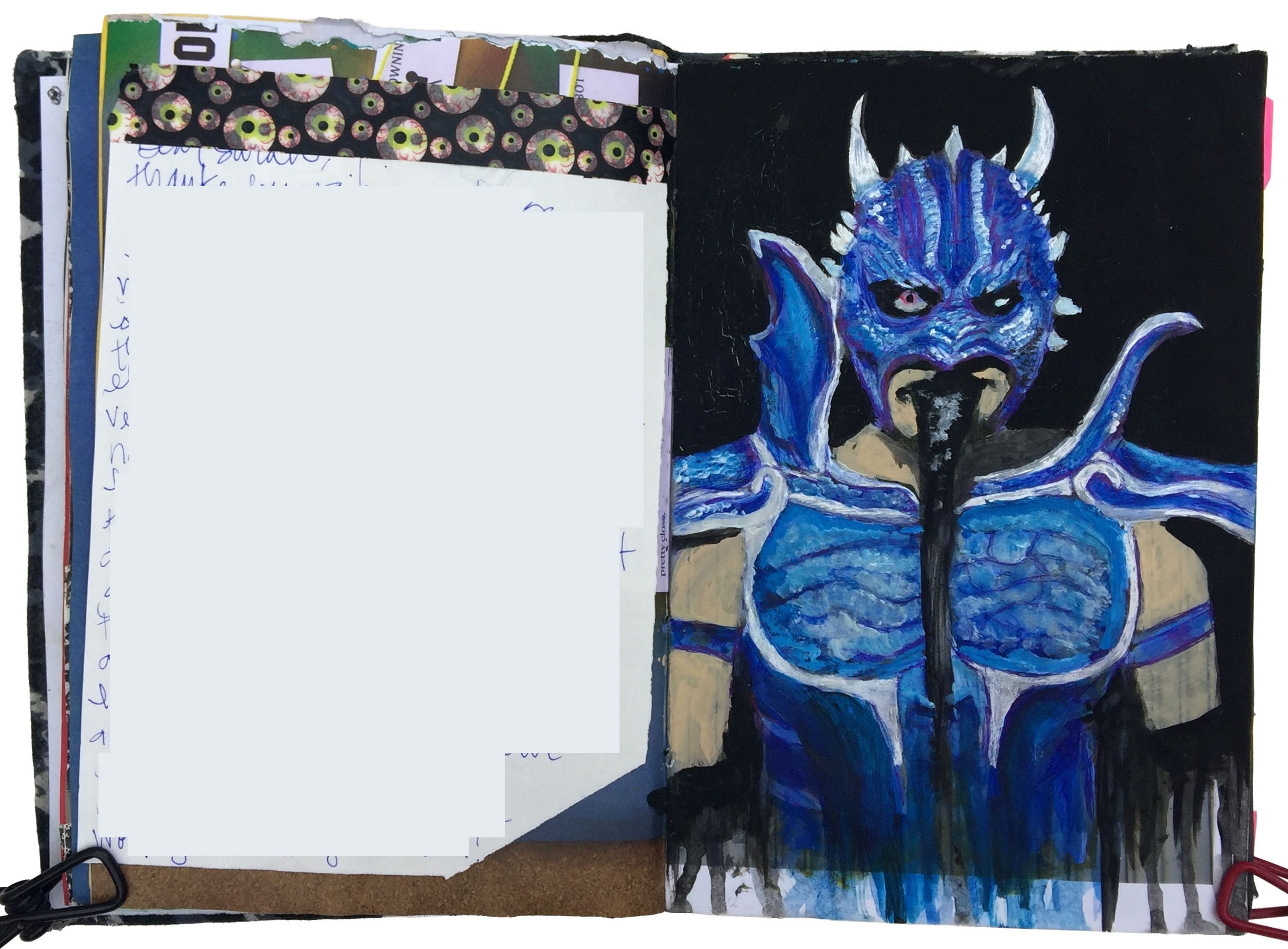 A mixed media art journal painting of wrestler Drago from Lucha Underground and other ephemera.