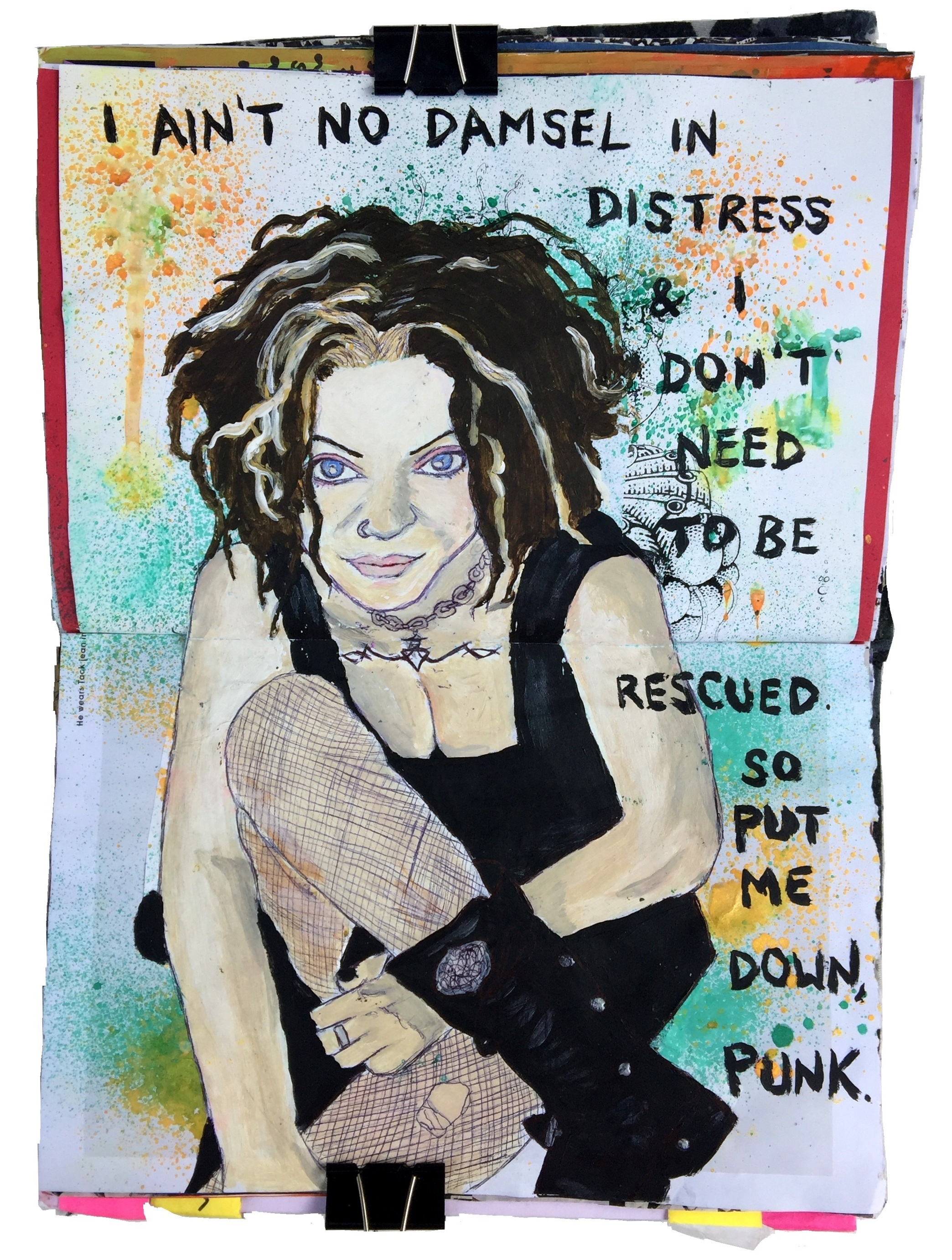 A mixed media art journal illustration of Ani DiFranco with lyrics from her song Not a Pretty Girl.