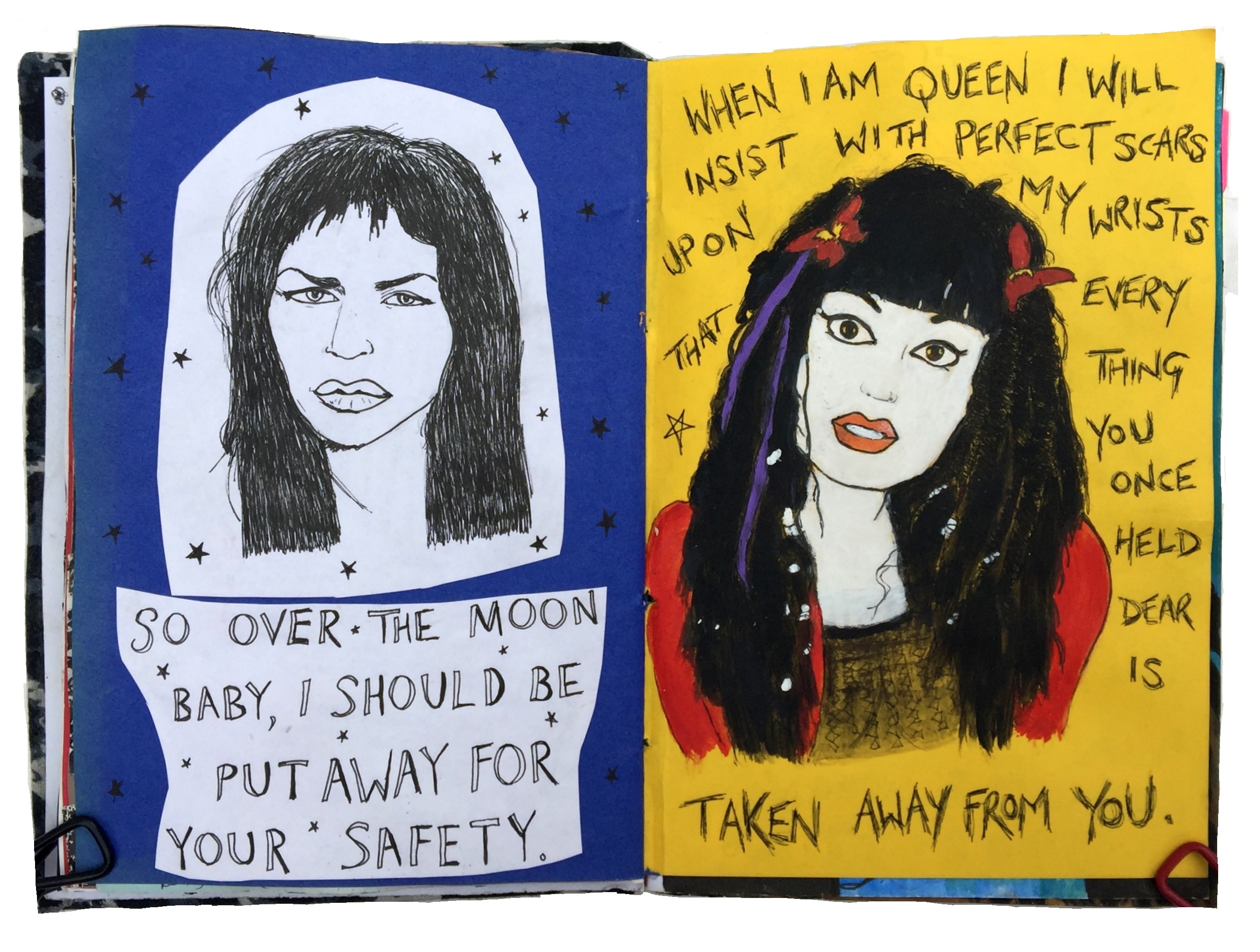 A mixed media art journal illustration of Jennifer Charles of the band Elysian Fields with lyrics from the song Sweet Condenser and an illustration of Jessicka Addams when she was in the band Jack Off Jill with lyrics from When I Am Queen.