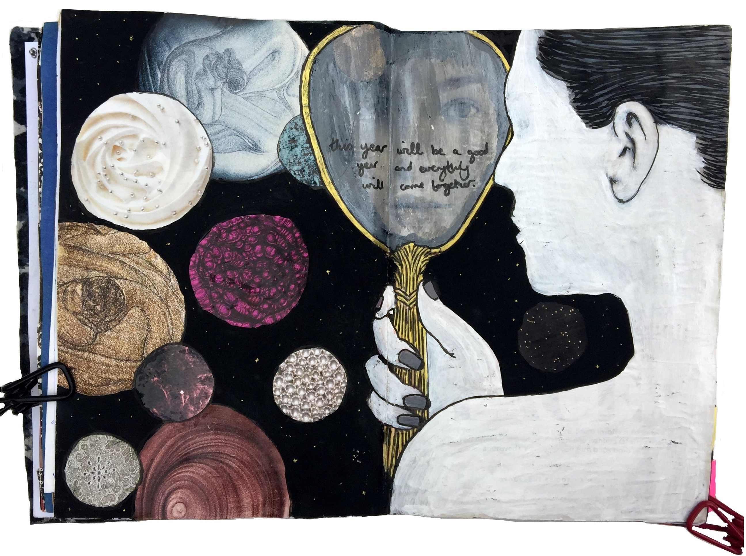 A mixed media art journal collage of a woman in space (?) holding a mirror in front of her face.