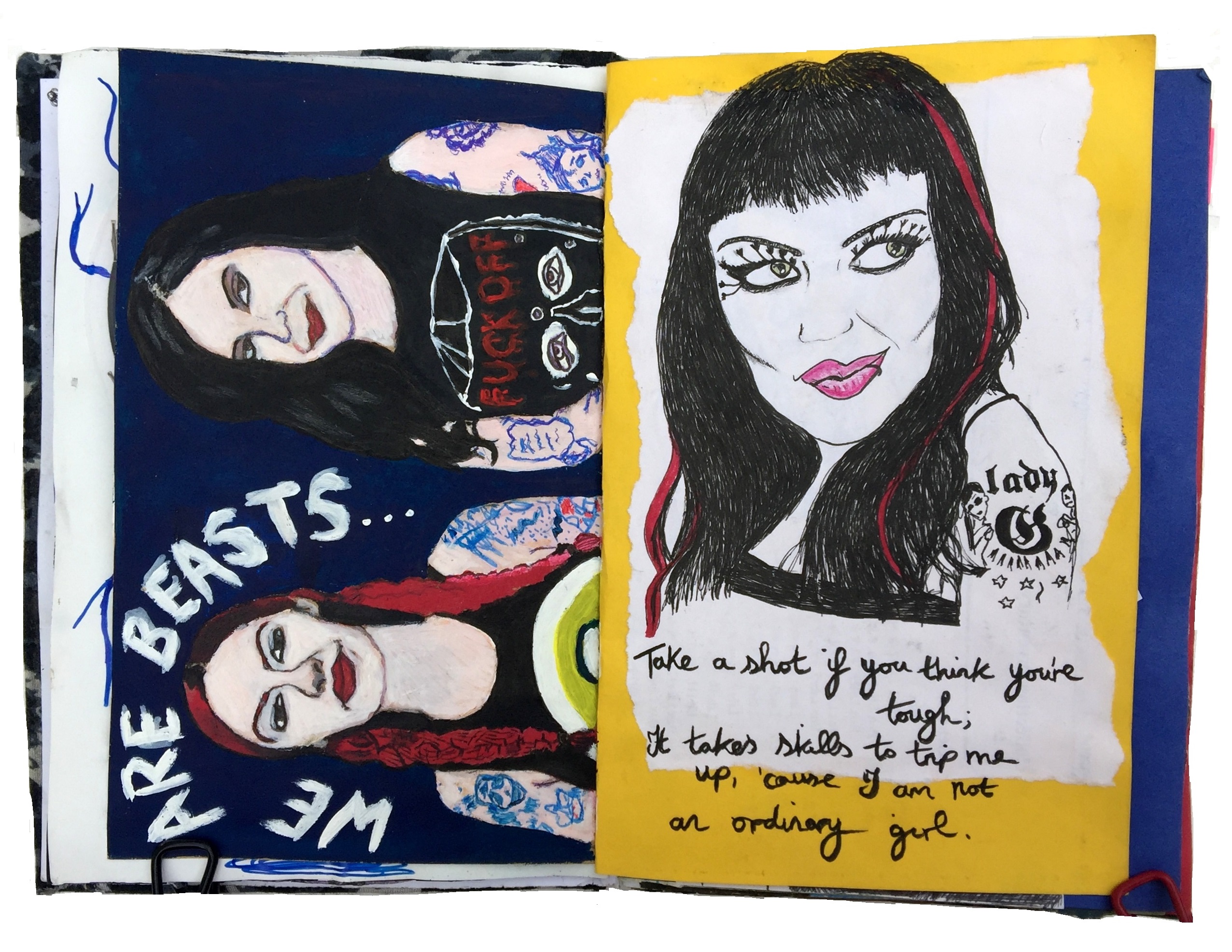 Mixed media art journal illustrations of Shroud Eater and Grog from Die So Fluid with lyrics from the bands.