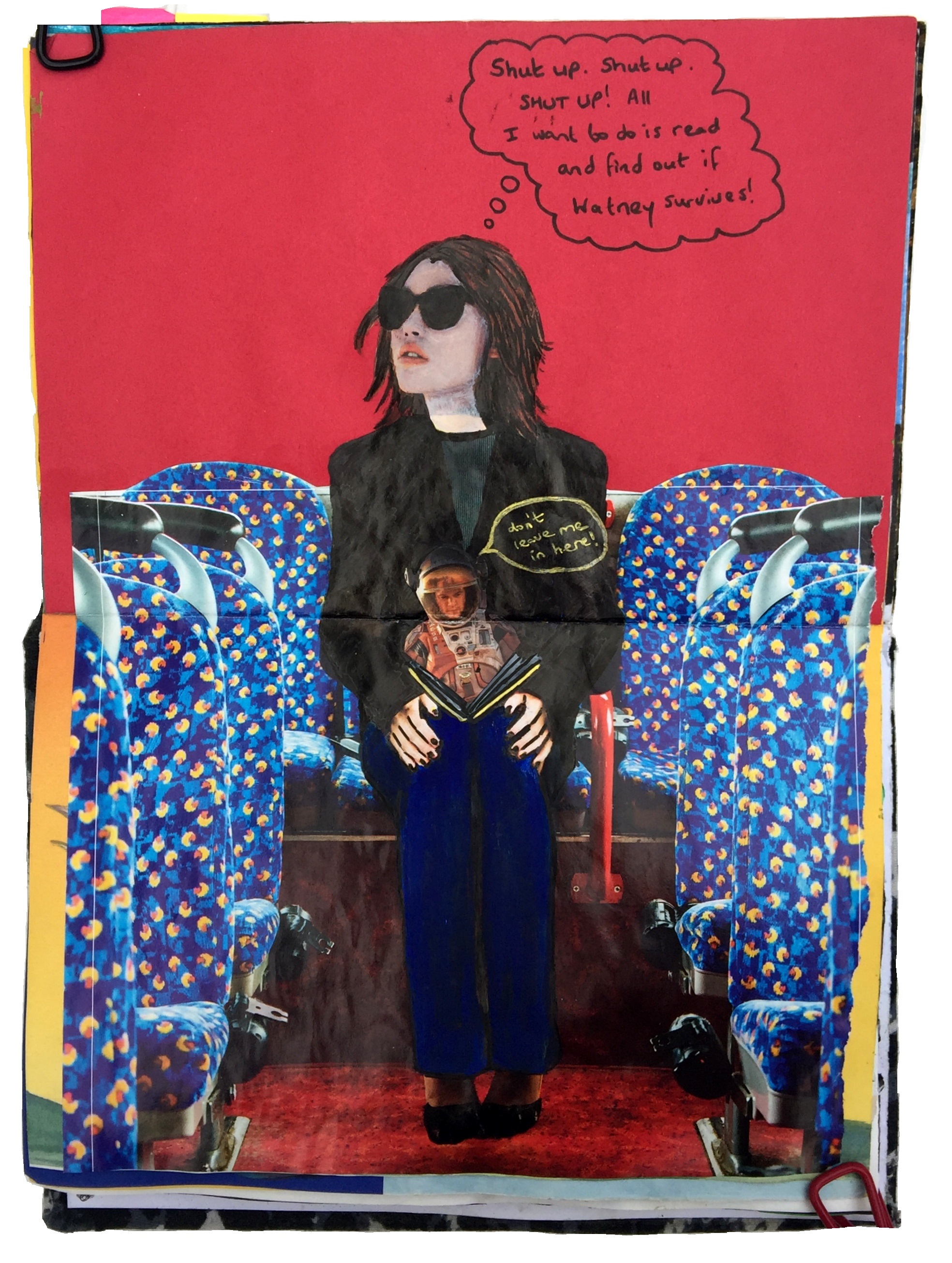 A mixed media art journal collage of a woman on the bus reading The Martian and wishing everyone would shut up.
