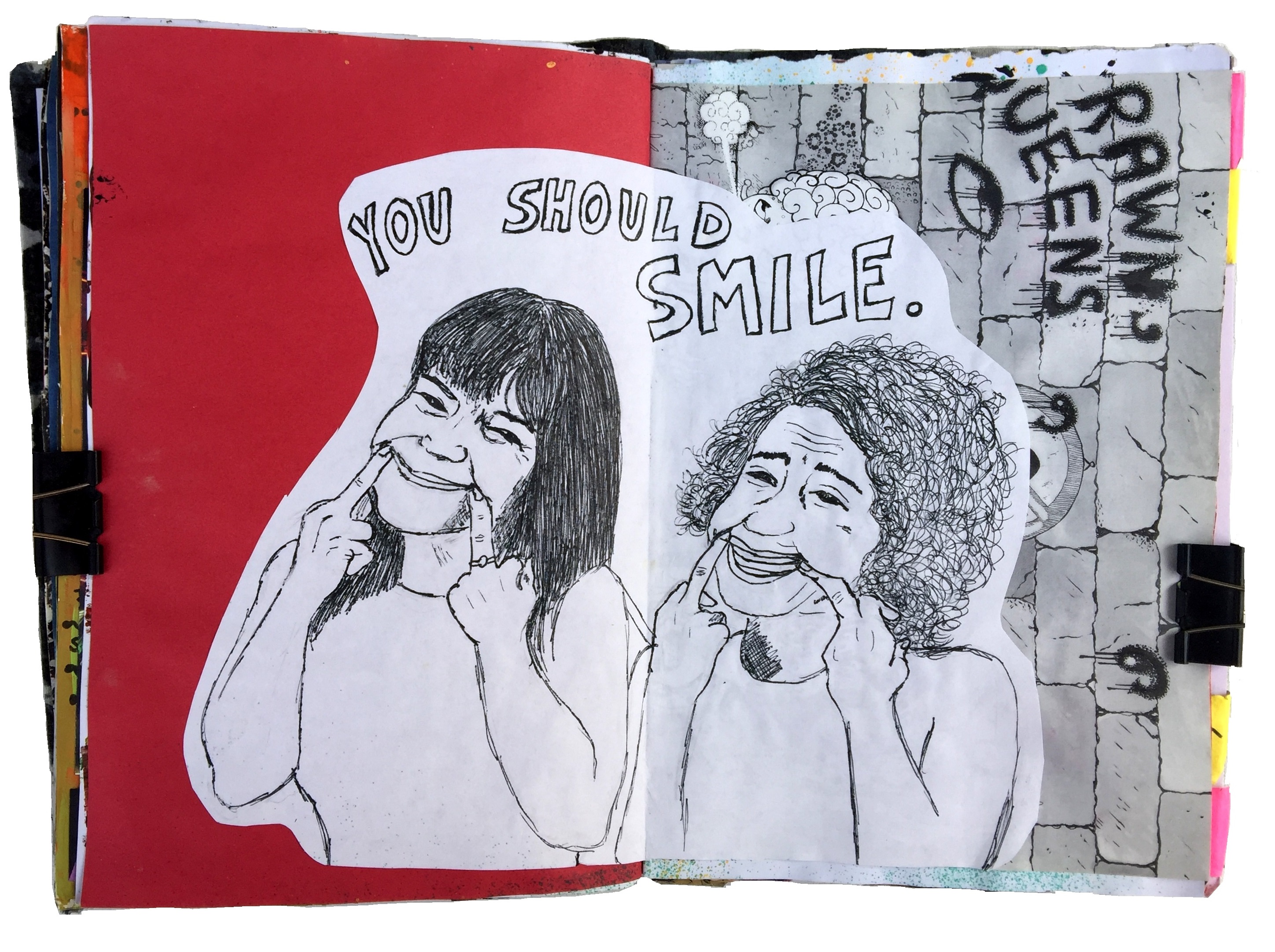 An art journal illustration of Abbi and Ilana from the TV show Broad City forcing themselves to smile with their middle fingers with the words you should smile written above them.