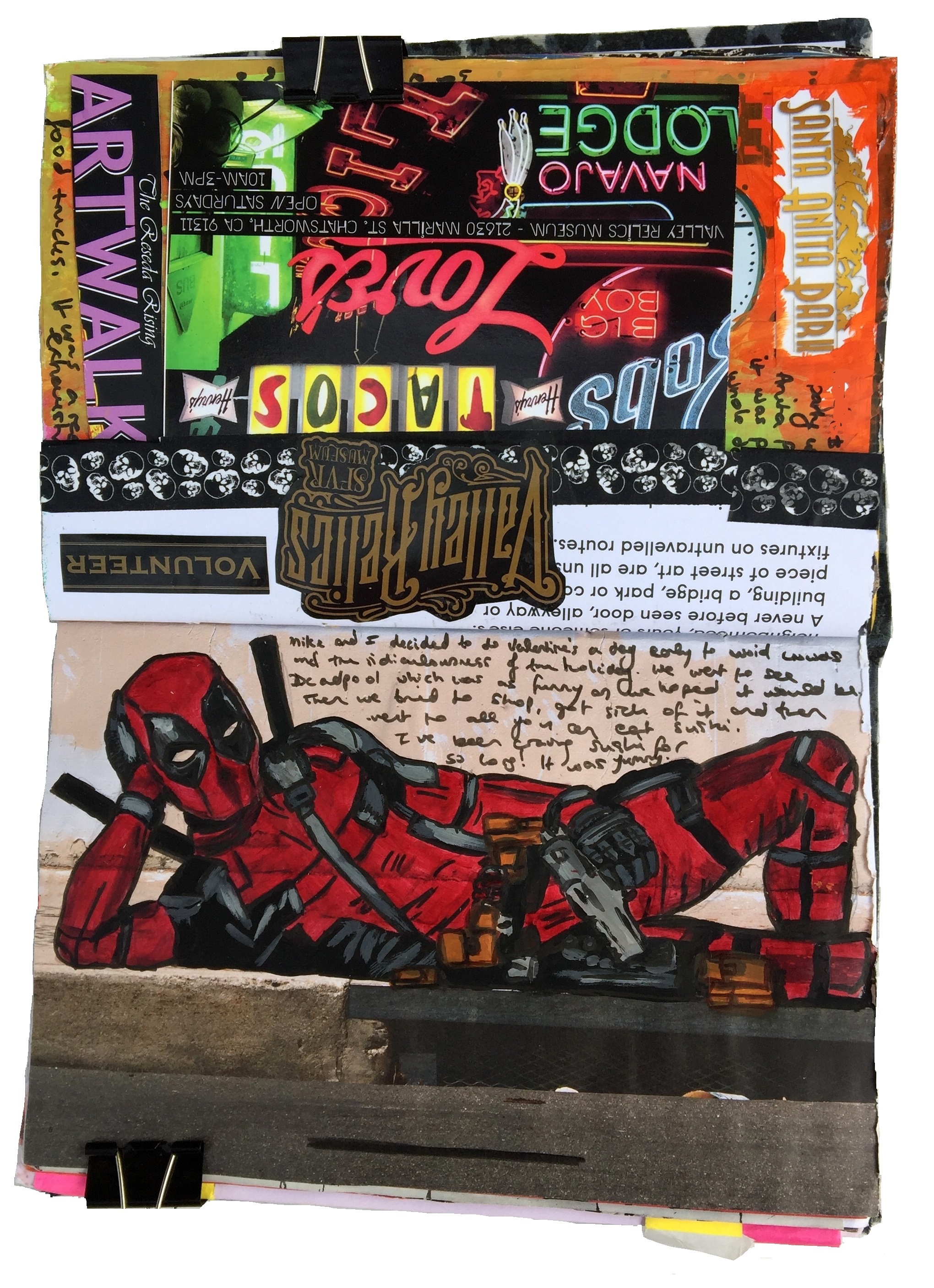 An art journal illustration of Deadpool after I saw it in the cinema and a page of ephemera from a museum in Los Angeles.