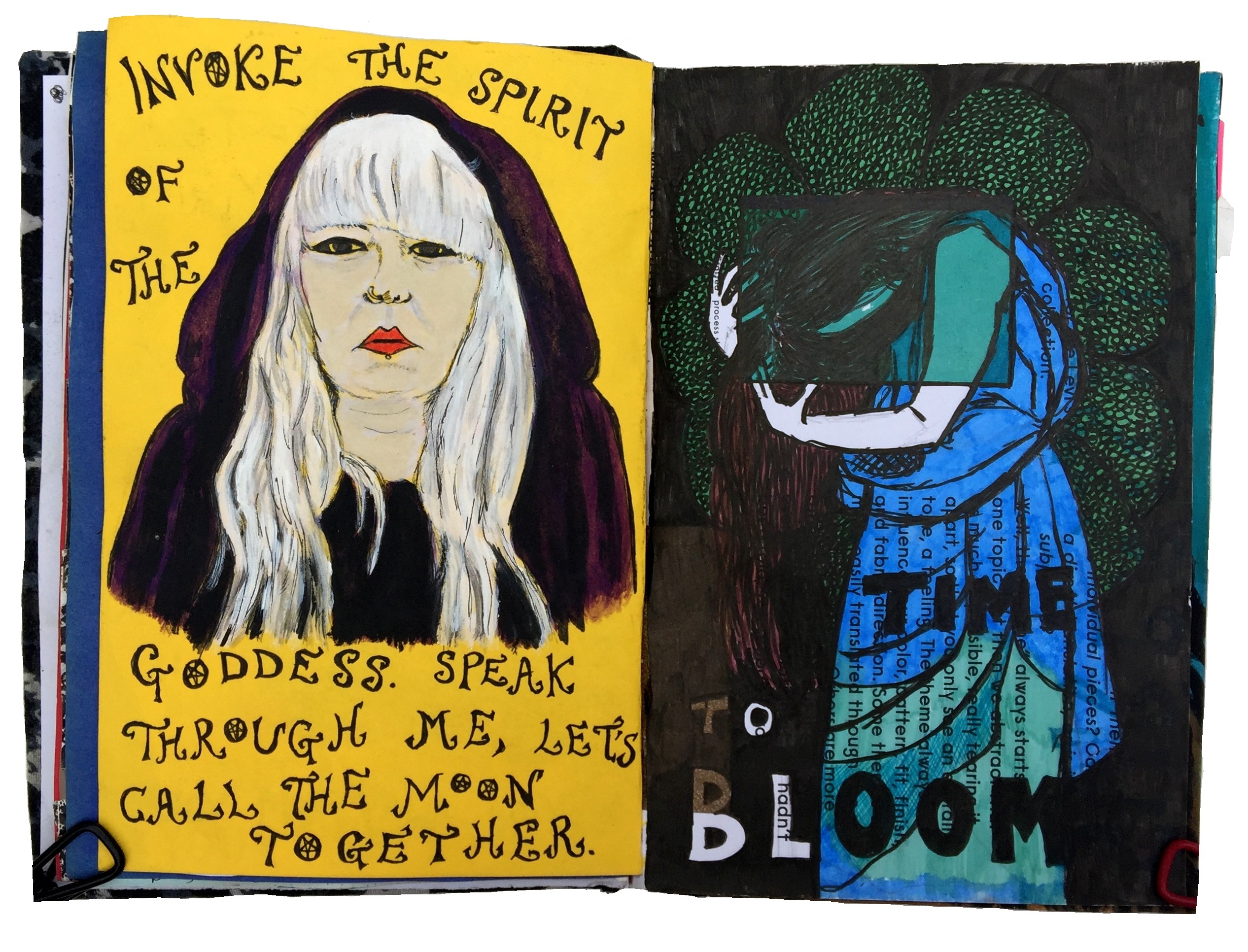 A mixed media art journal illustration of Soph Day, former vocalist of the band Alunah, with lyrics from the song Bricket Wood Coven and a drawing of a woman ready to bloom (reference photograph by mjranum-stock, model is Sinned-angel-stock on DeviantArt).