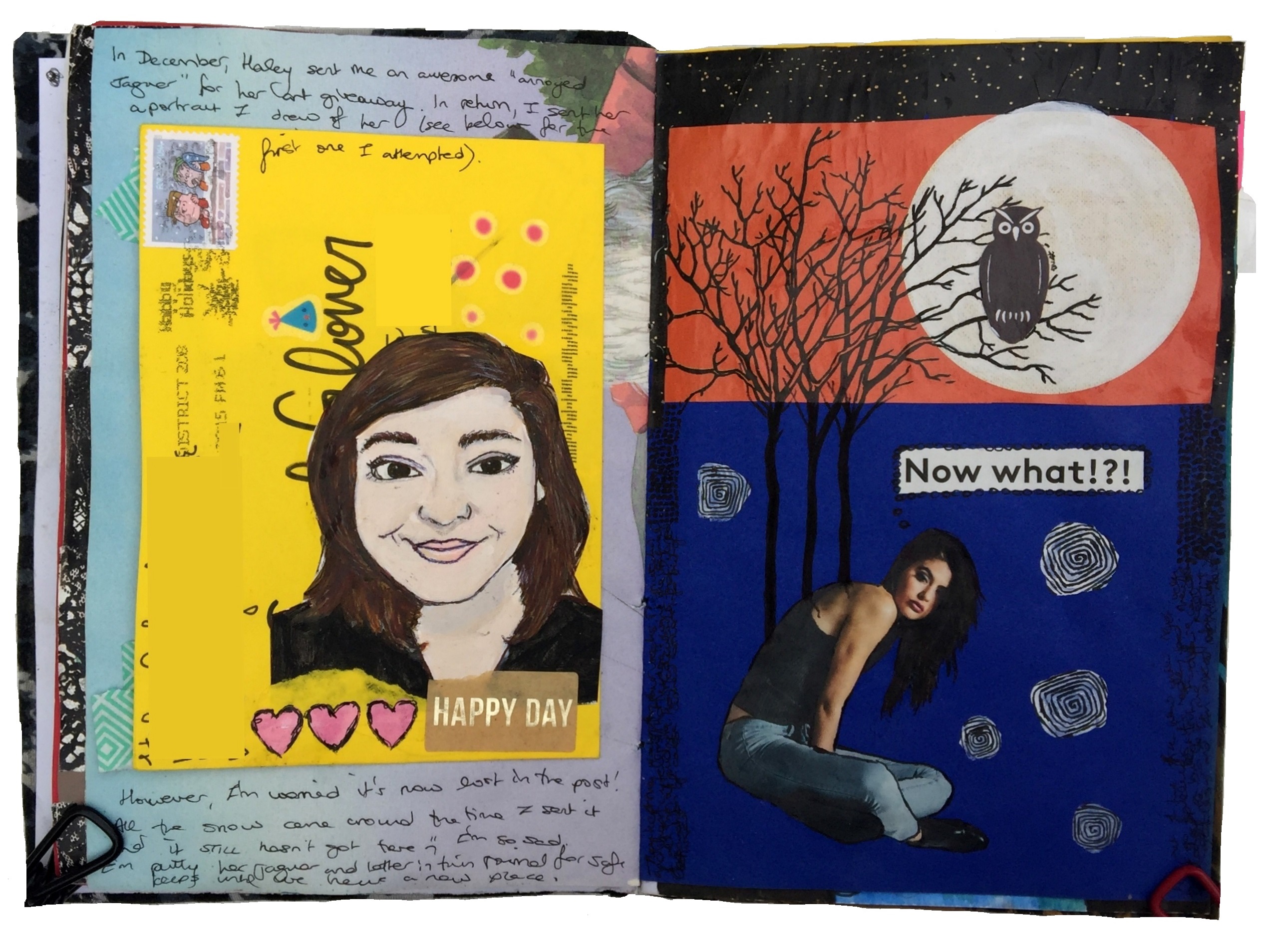 A mixed media art journal illustration of an Instagram follower and a collage of a woman with a tree growing out of her back and the words now what!?!? next to her.