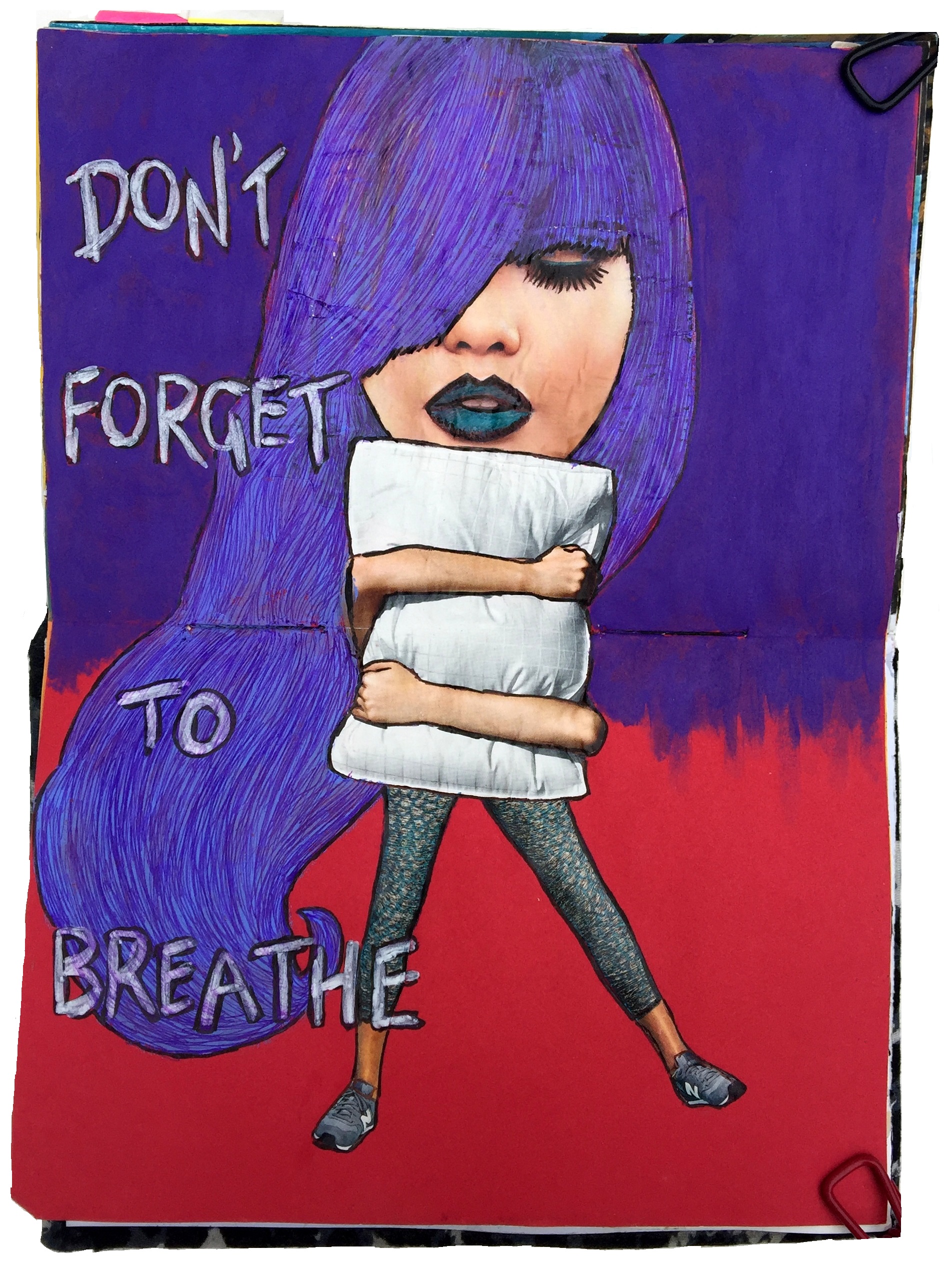 A mixed media art journal collage of a purple haired woman hugging a pillow with the words don’t forget to breathe next to her.