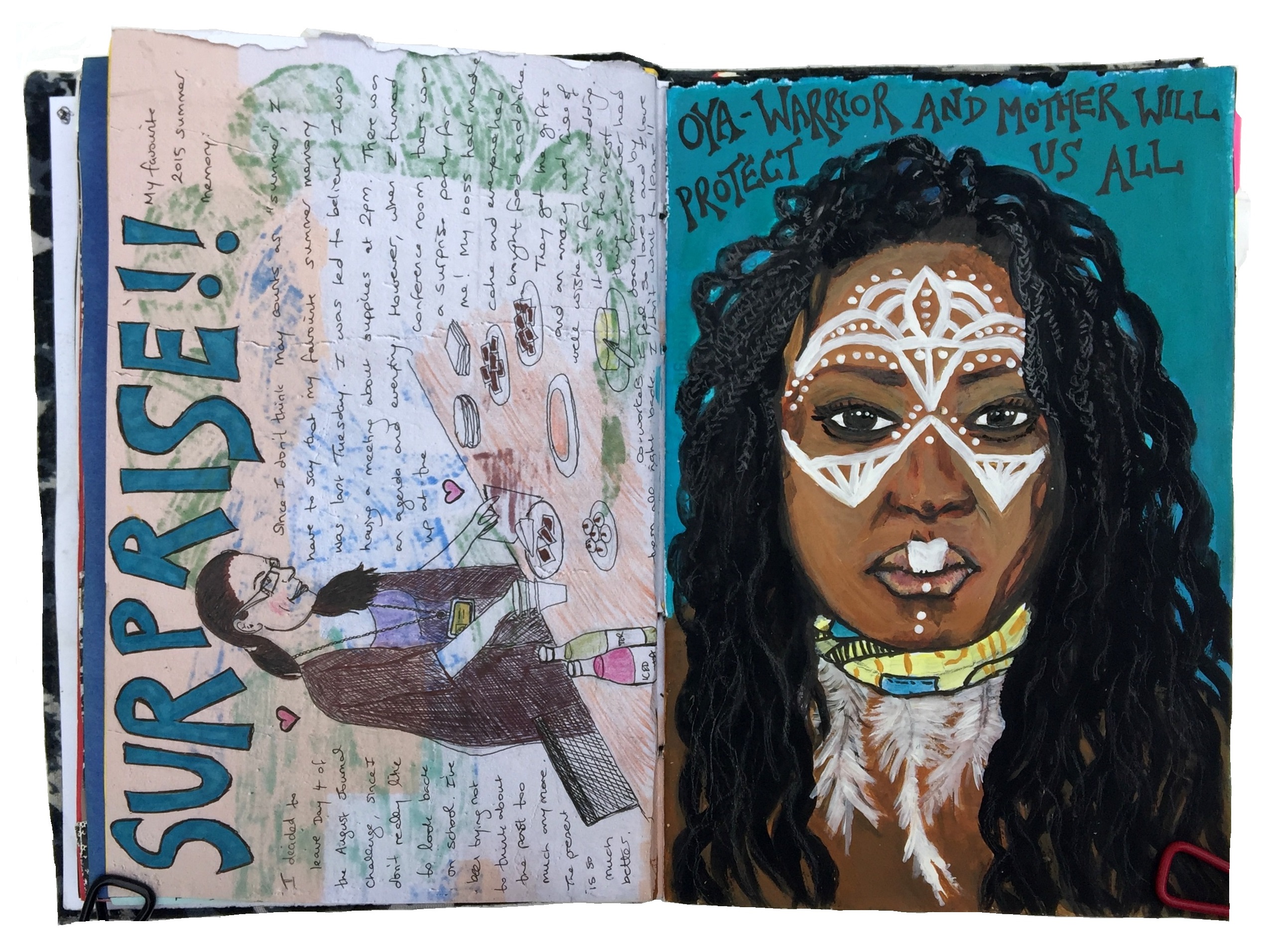 A mixed media art journal illustration of myself at a surprise wedding party at work and a portrait painting of Oya (Chantal Brown) from the band Vodun with lyrics.